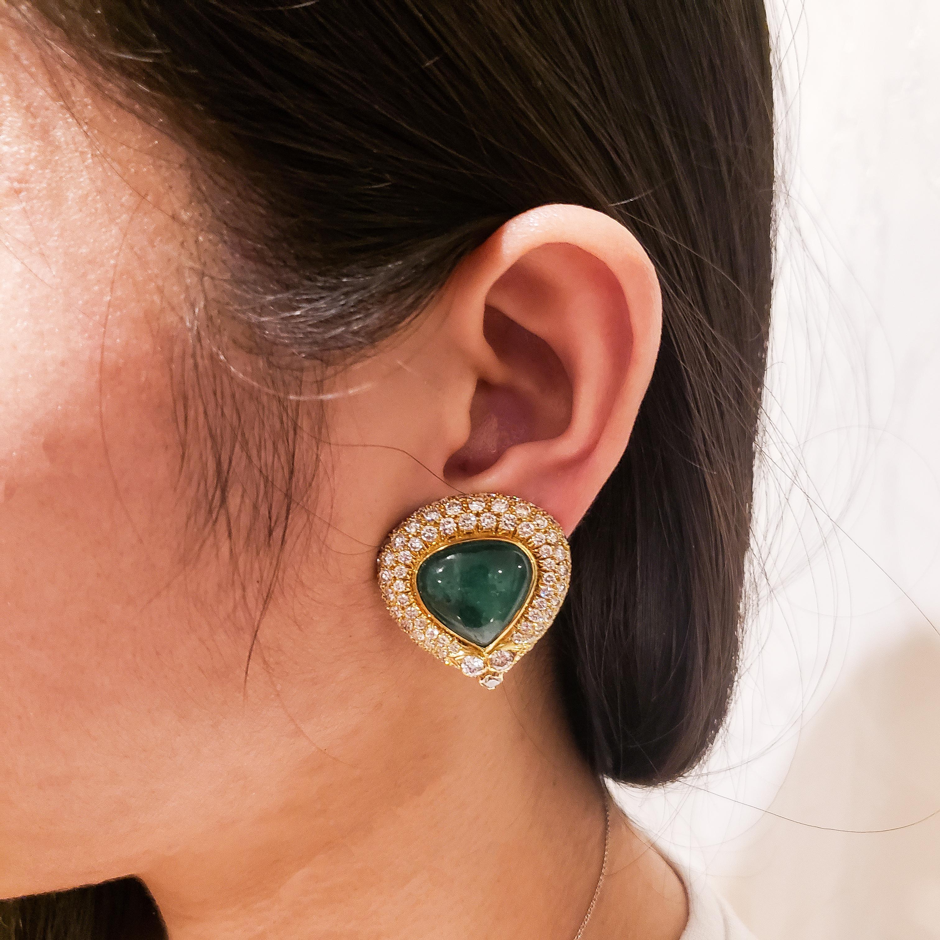 Women's 53.25 Carat Cabochon Emerald and Diamond Detachable Dangle Drop Earrings For Sale