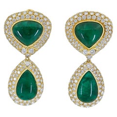 53.25 Carat Cabochon Emerald and Diamond Detachable Dangle Drop Earrings