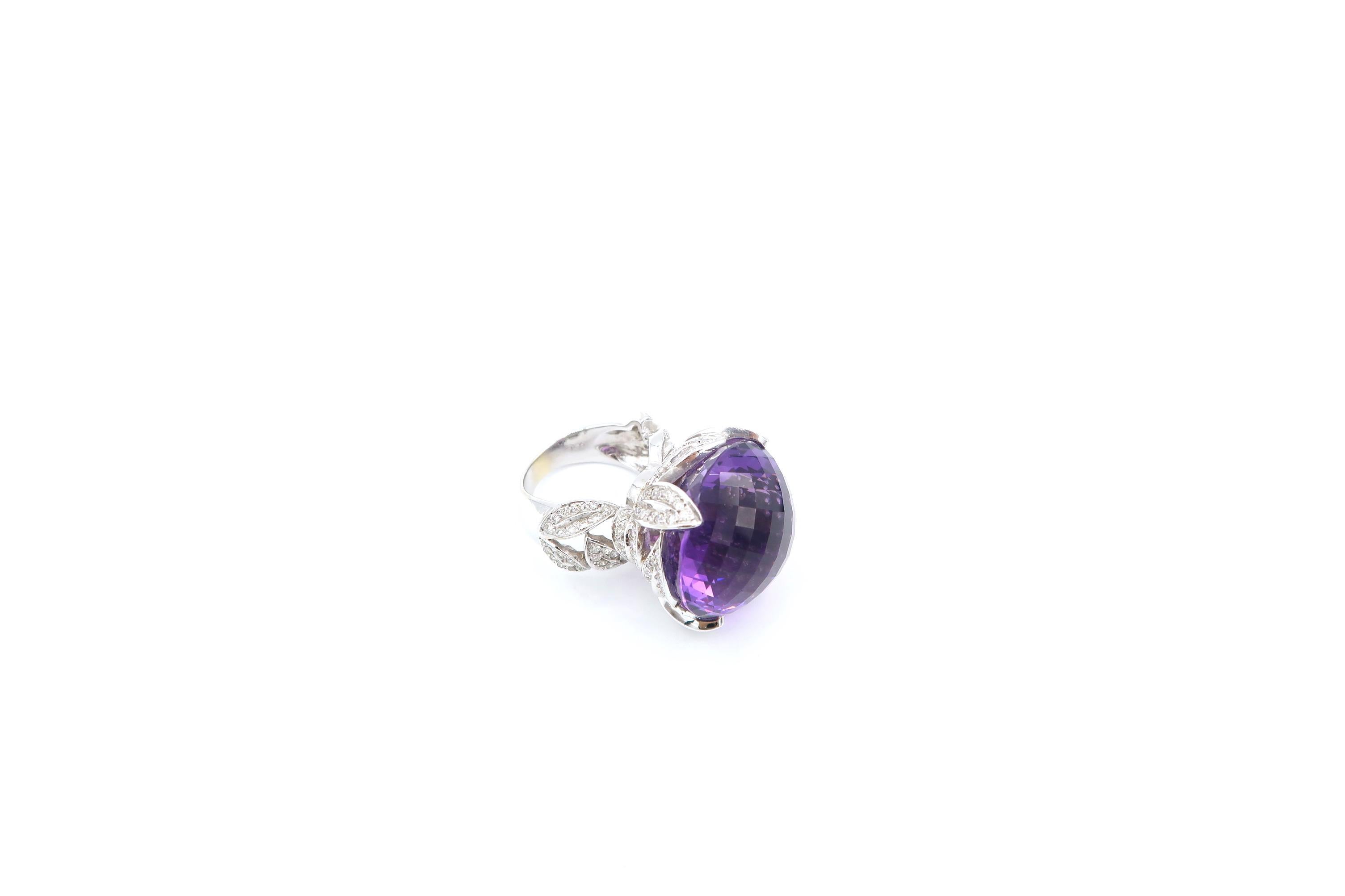 Mixed Cut 53.26 Carat Special Cut Amethyst with Diamond Pavé Olive Leaves Detail Gold Ring For Sale