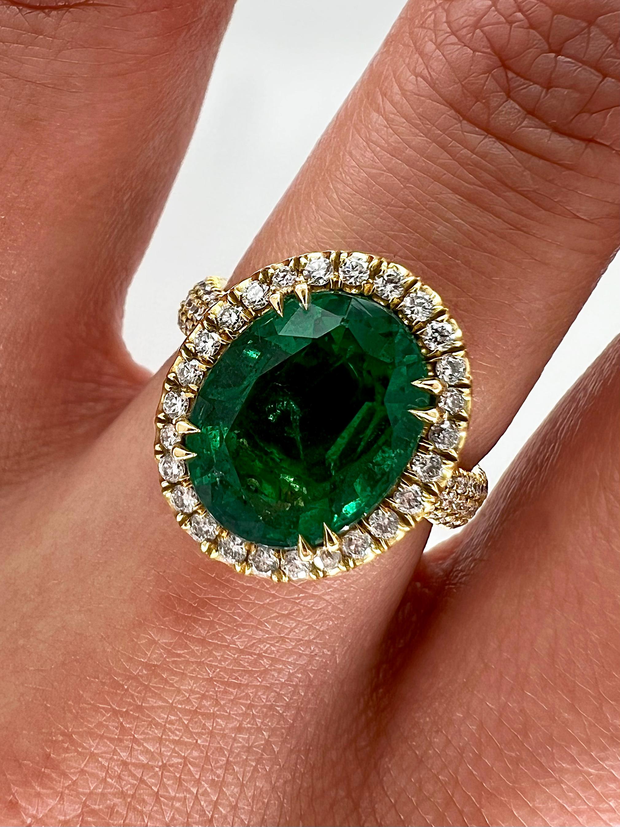 Women's or Men's 5.32 Total Carat Emerald and Diamond Halo Pave-Set Ladies Ring, GIA For Sale