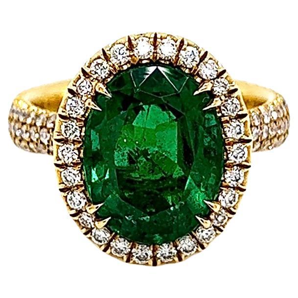 5.32 Total Carat Emerald and Diamond Halo Pave-Set Ladies Ring, GIA For Sale