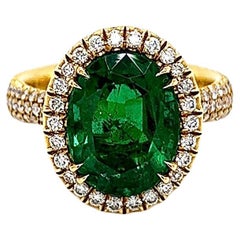 5.32 Total Carat Emerald and Diamond Halo Pave-Set Ladies Ring, GIA