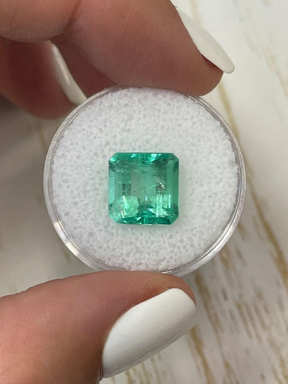 Stone: Emerald
Weight: 5.32-carats
Shape: Asscher Cut
Clarity: Transparent
Luster: Very Good
Color: Light Green
Measurements: 10.35mm x 10.11mm x 7.16mm
Geographic Origin: Colombia
Treatment: Natural, Oiling

Comments: Due to their growth conditions