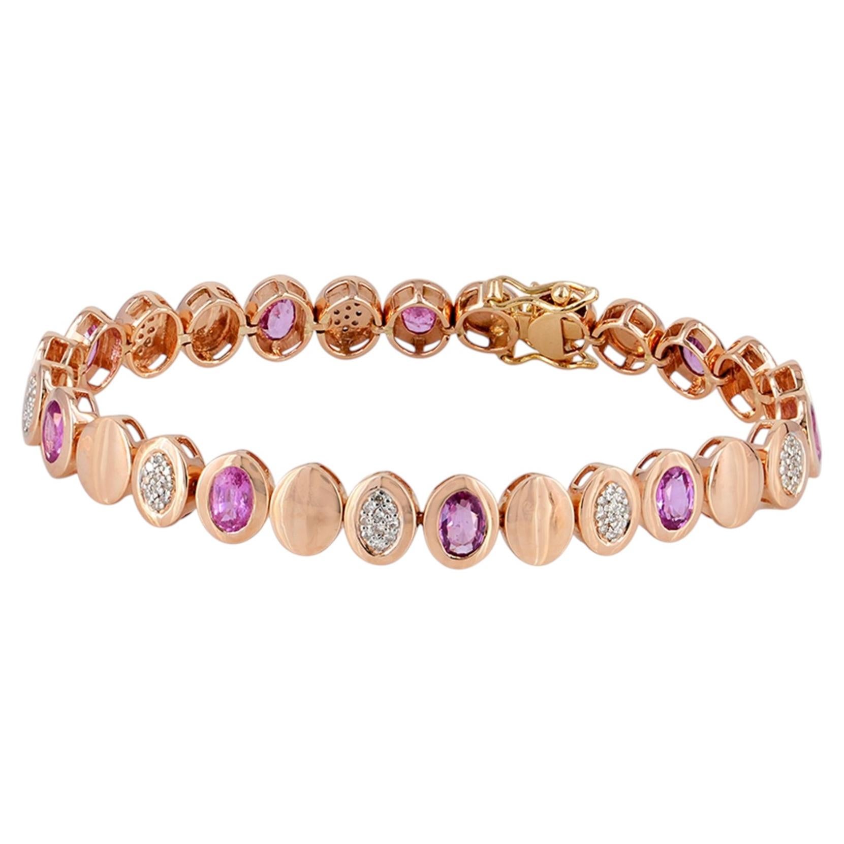 Bracelet ovale en saphir rose, or rose 14k et diamant Bijoux fins