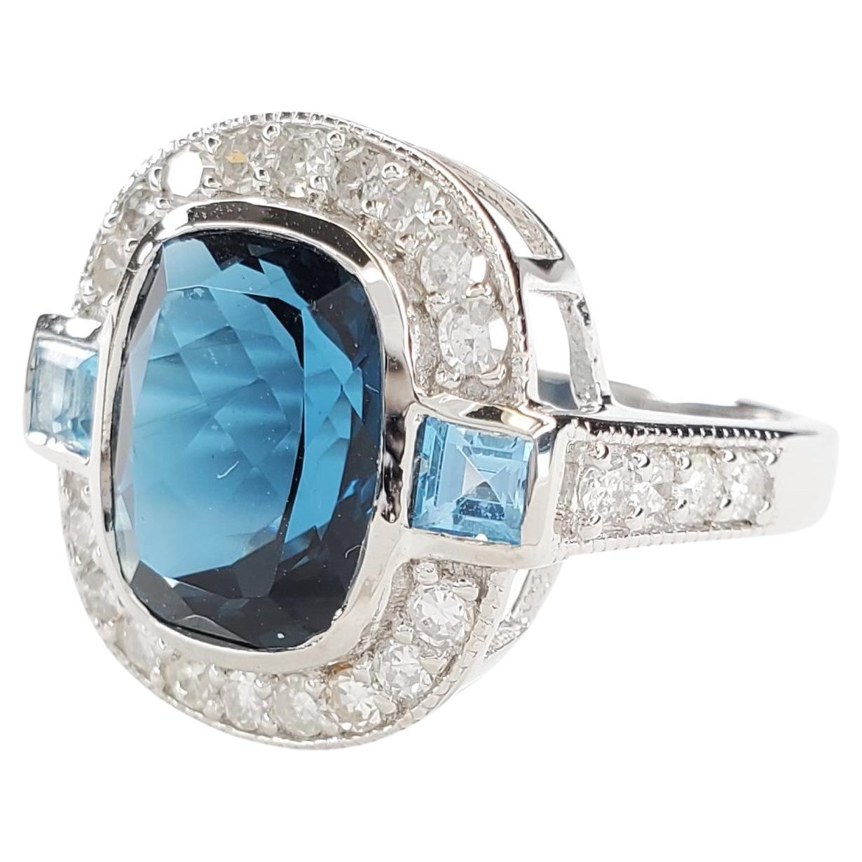 5.32cttw London and White Diamond Blue Topaz Sterling Silver Ring For Sale