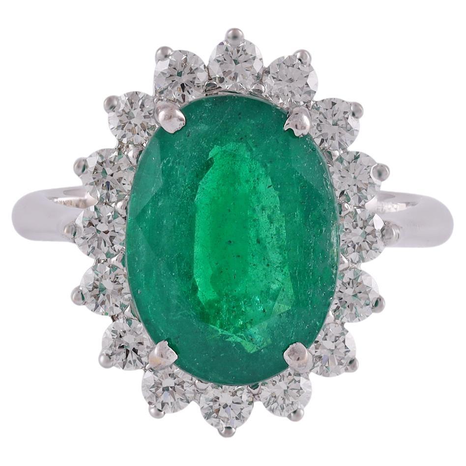 5.33 Carat Clear Zambian Emerald & Diamond Cluster Ring in 18K White  Gold