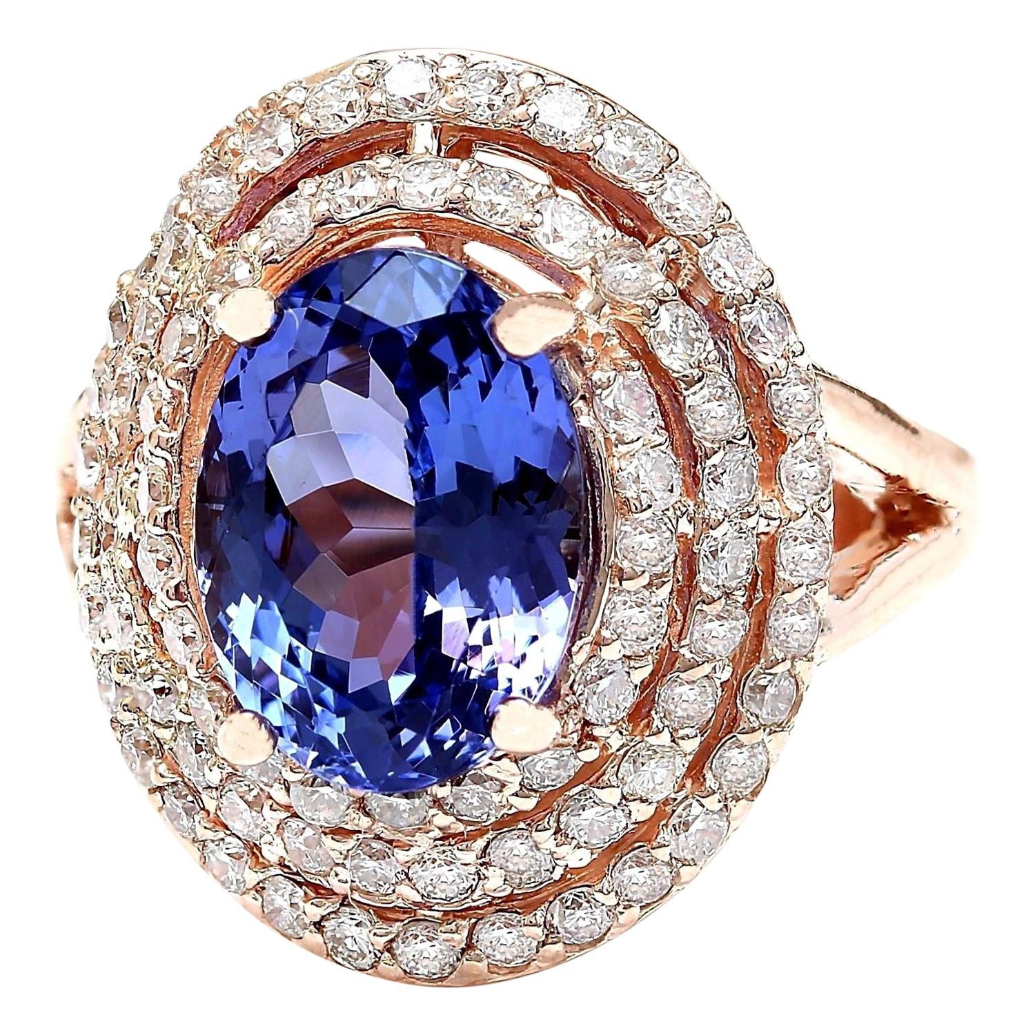 5.33 Carat Natural Tanzanite 14K Solid Rose Gold Diamond Ring
 Item Type: Ring
 Item Style: Cocktail
 Material: 14K Rose Gold
 Mainstone: Tanzanite
 Stone Color: Blue
 Stone Weight: 3.83 Carat
 Stone Shape: Oval
 Stone Quantity: 1
 Stone Dimensions: