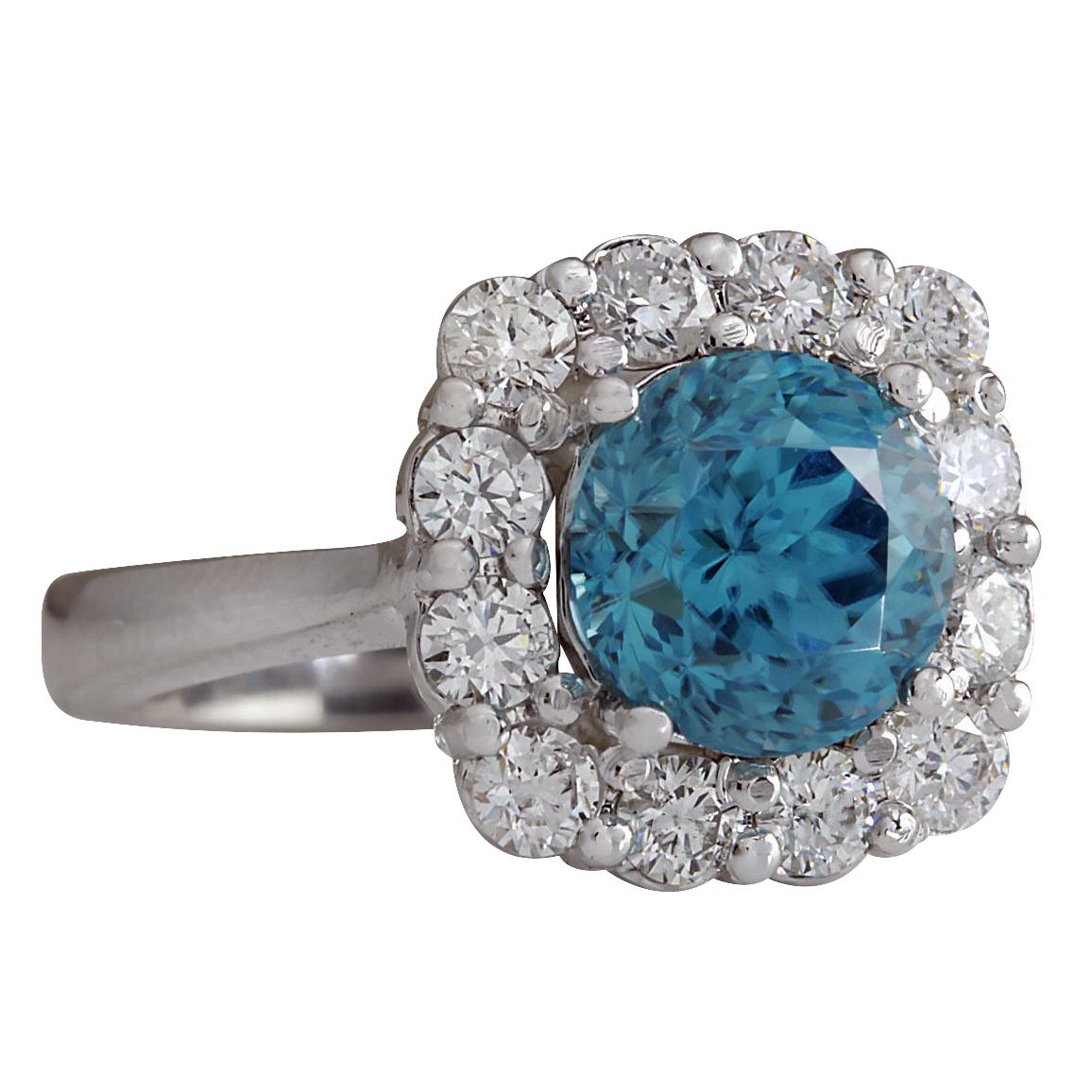 5.33 Carat Natural Zircon 14 Karat White Gold Diamond Ring
Stamped: 14K White Gold
Total Ring Weight: 6.5 Grams
Total Natural Zircon Weight is 4.43 Carat (Measures: 8.00x8.00 mm)
Color: Blue
Total Natural Diamond Weight is 0.90 Carat
Color: F-G,