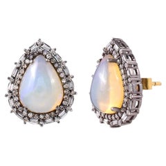 5.33 Carat Opal and Diamond Cluster Stud Earrings in Art-Deco Style