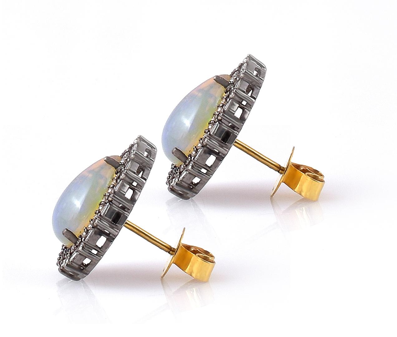 Cabochon 5.33 Carat Opal and Diamond Cluster Stud Earrings in Art-Deco Style For Sale