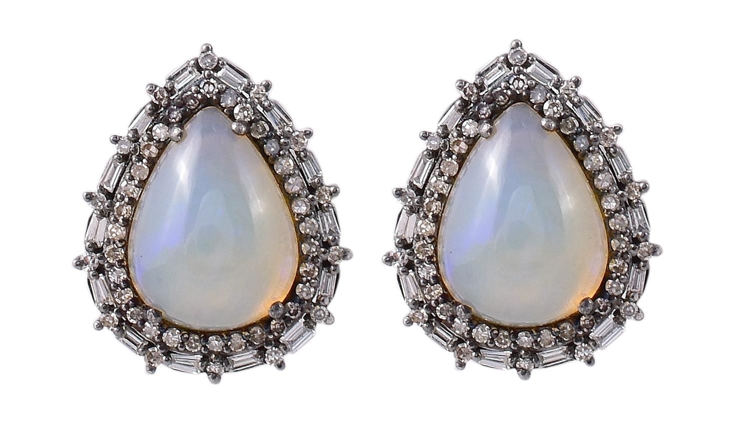 5.33 Carat Opal and Diamond Cluster Stud Earrings in Art-Deco Style In New Condition For Sale In Jaipur, IN