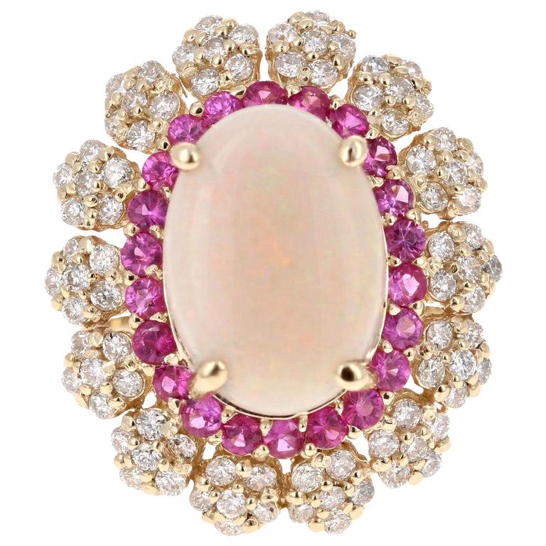 Opal Pink Sapphire and Diamond Yellow Gold Cocktail Ring