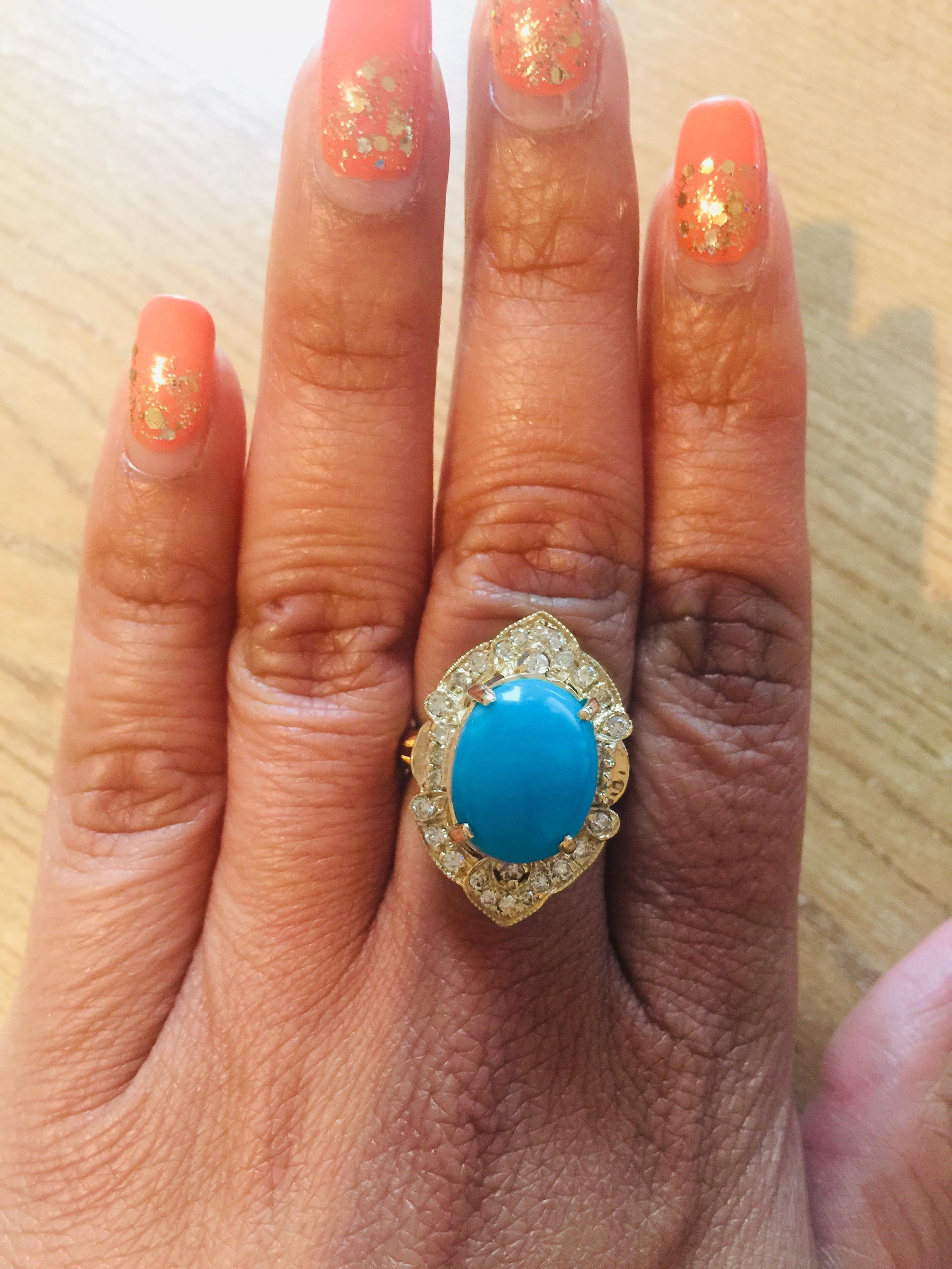 Oval Cut 5.33 Carat Turquoise Diamond Yellow Gold Art Deco Style Ring