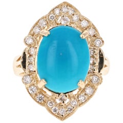 5.33 Carat Turquoise Diamond Yellow Gold Art Deco Style Ring