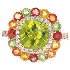 5.33 Carat Peridot Sapphire and Diamond 14 Karat Yellow Gold Ring