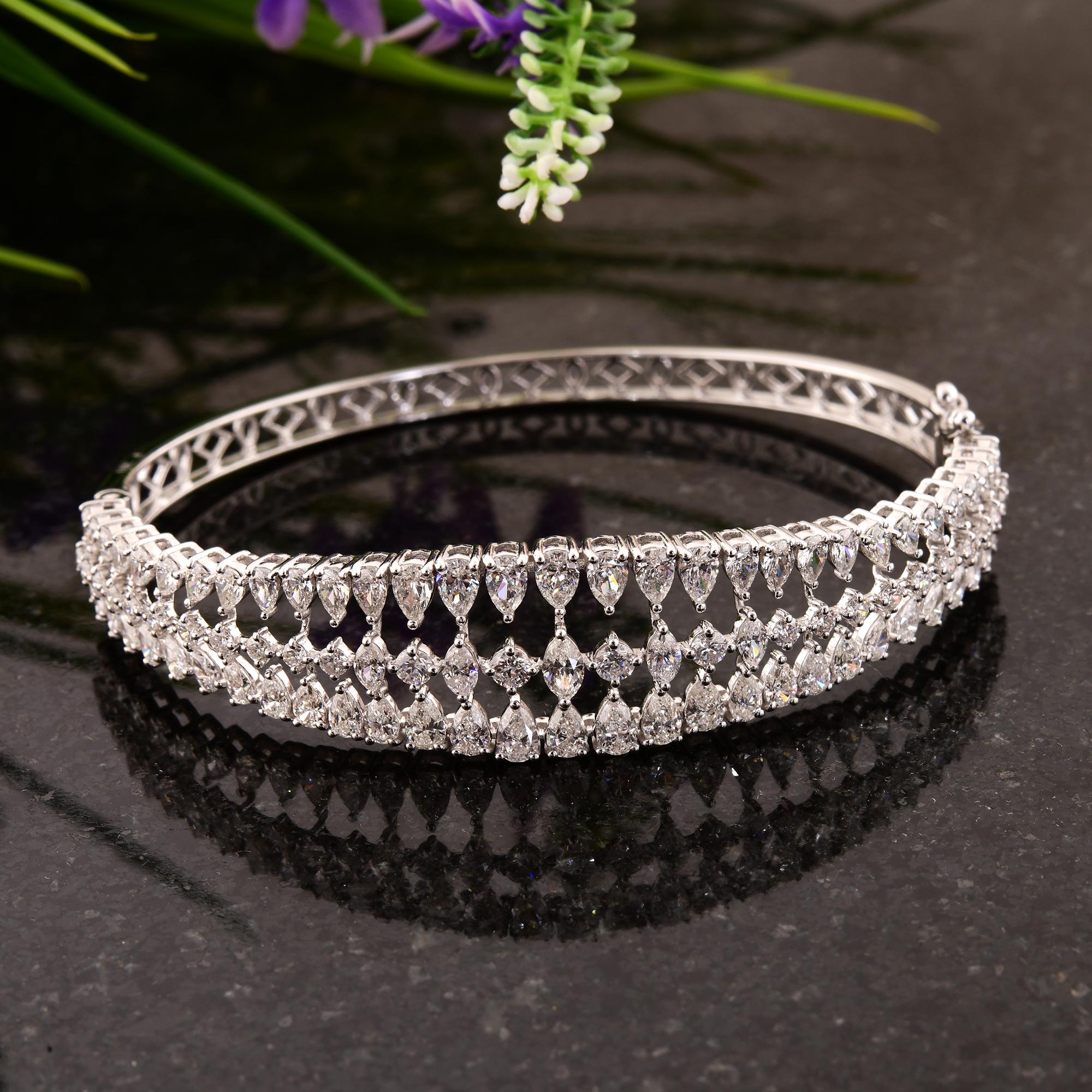 Pear Cut 5.33 Carat SI Clarity HI Color Diamond Cage Bangle Bracelet 18 Karat White Gold For Sale
