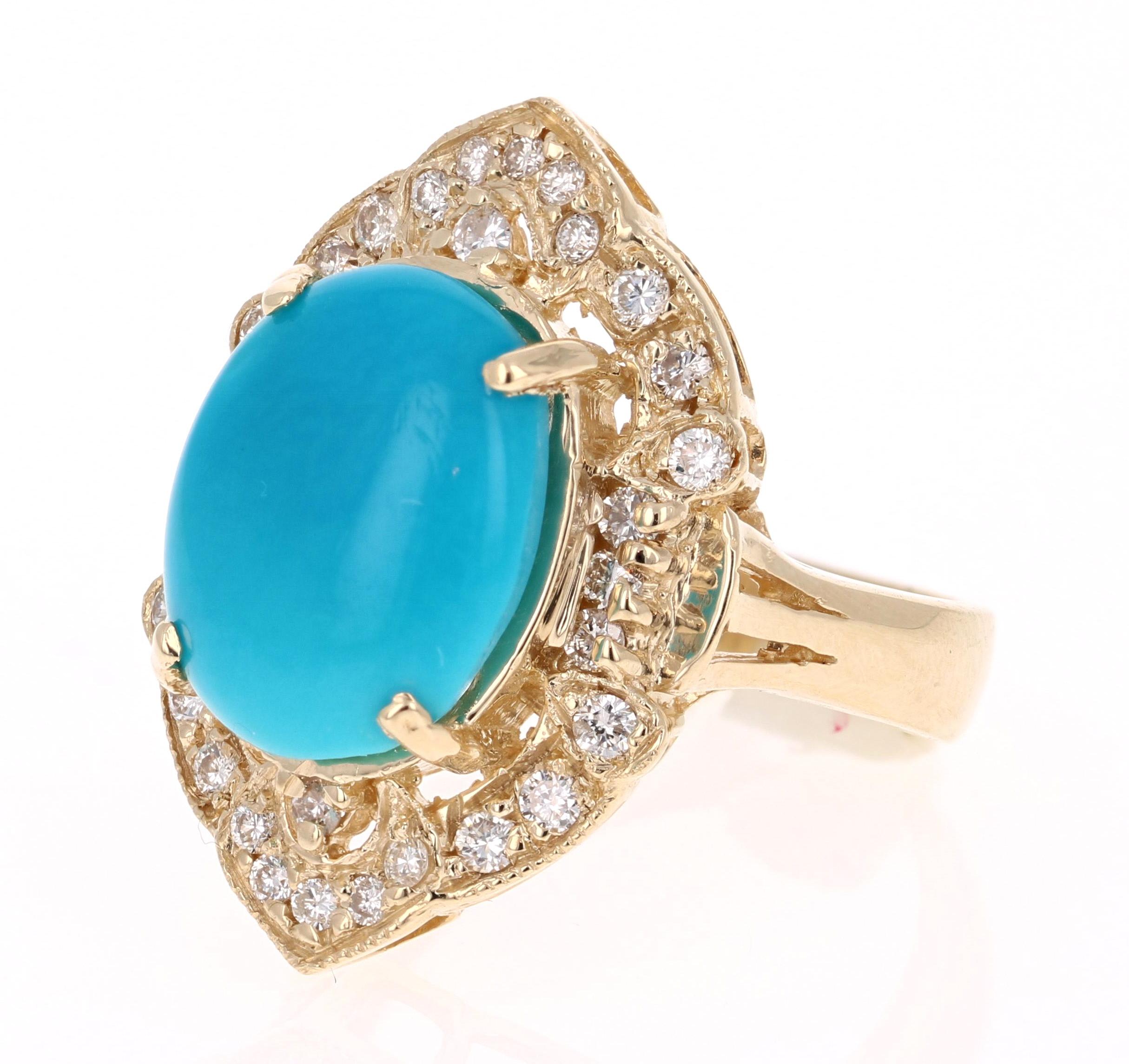 5.33 Carat Turquoise Diamond Yellow Gold Art Deco Style Ring

Beautiful Turquoise Diamond Cabochon Art Deco Style Cocktail Ring!
The Oval Cut Cabochon Turquoise is 4.81 Carats and has 30 Round Cut Diamonds weighing 0.52 Carats (Clarity: VS2, Color: