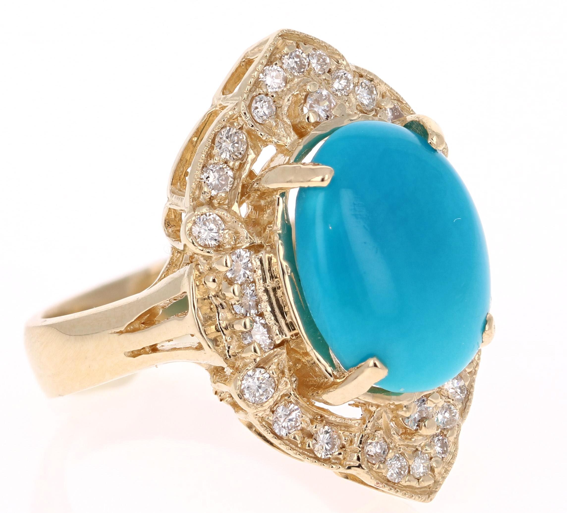 Oval Cut 5.33 Carat Turquoise Diamond Yellow Gold Art Deco Style Ring For Sale