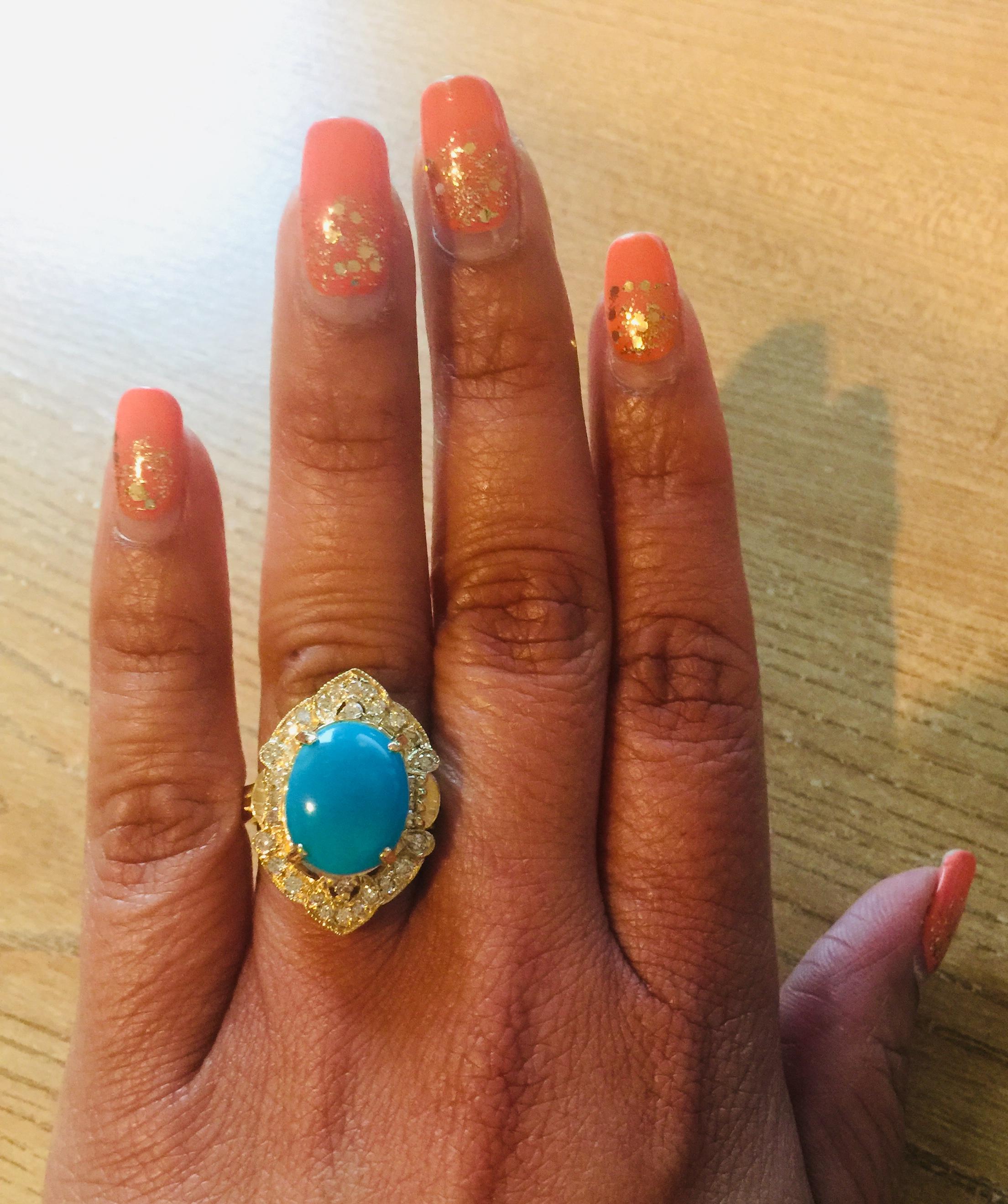 5.33 Carat Turquoise Diamond Yellow Gold Art Deco Style Ring In New Condition For Sale In Los Angeles, CA