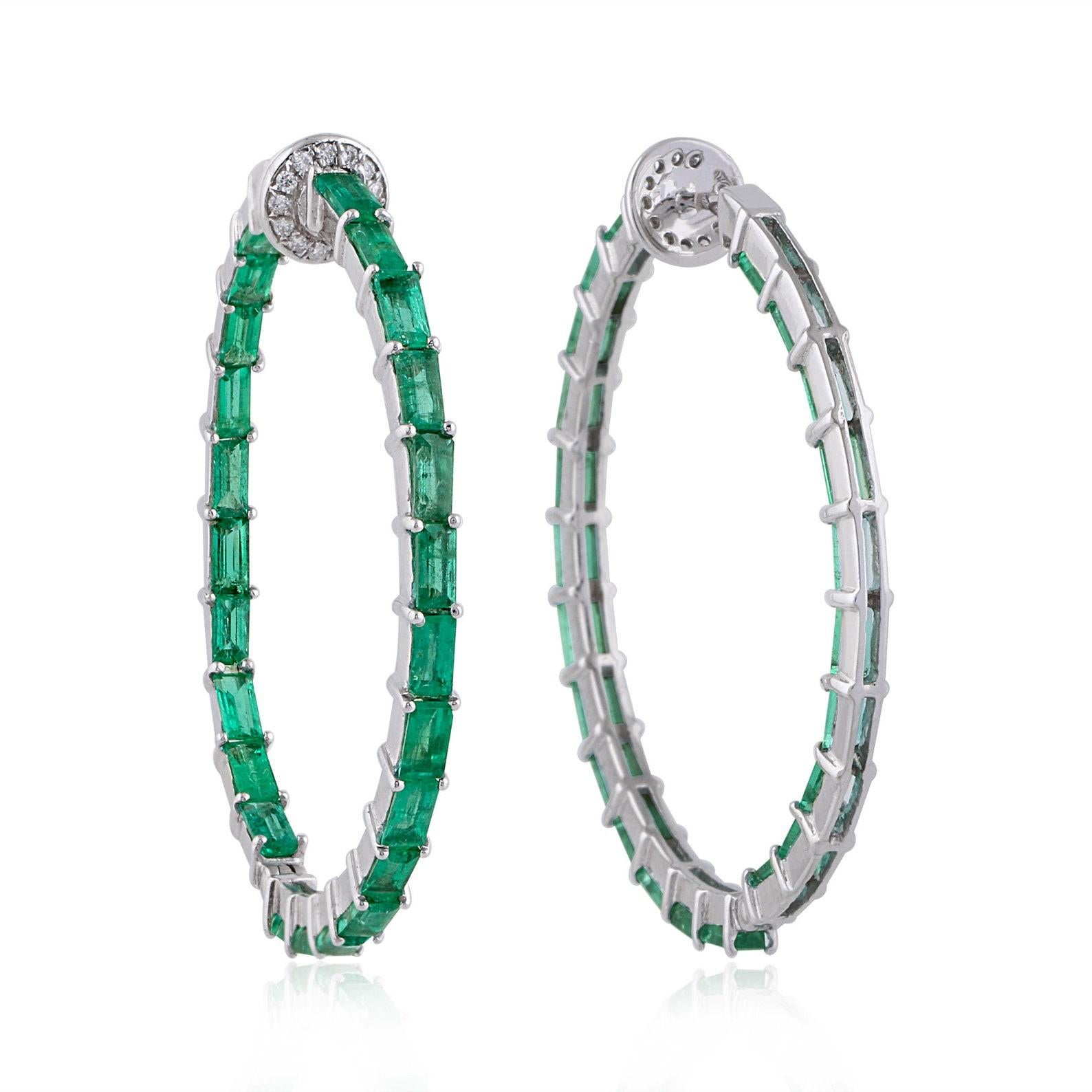 Cast in 14-karat gold, these beautiful inside out hoop earrings are hand set with 5.33 carats of baguette emerald and .12 carats of sparkling diamonds. 

FOLLOW  MEGHNA JEWELS storefront to view the latest collection & exclusive pieces.  Meghna