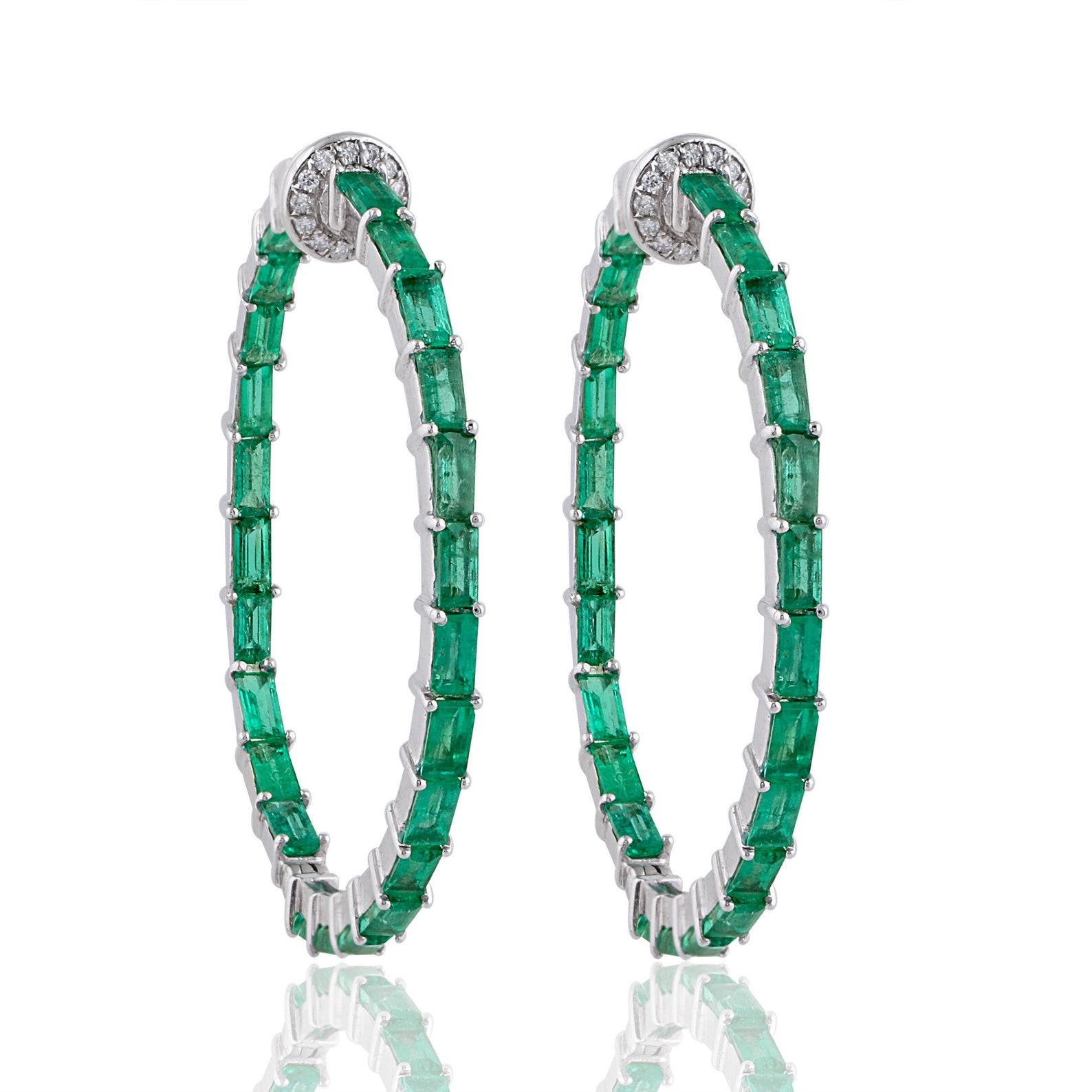 Baguette Cut 5.33 Carats Baguette Zambian Emerald Diamond 14 Karat Gold Round Hoop Earrings For Sale