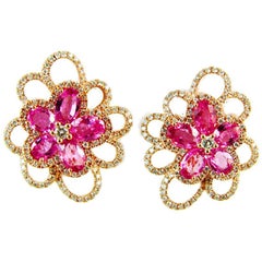 5.33 Carats Pink Sapphire Flower Diamond Earrings in 18 Karat Rose Gold