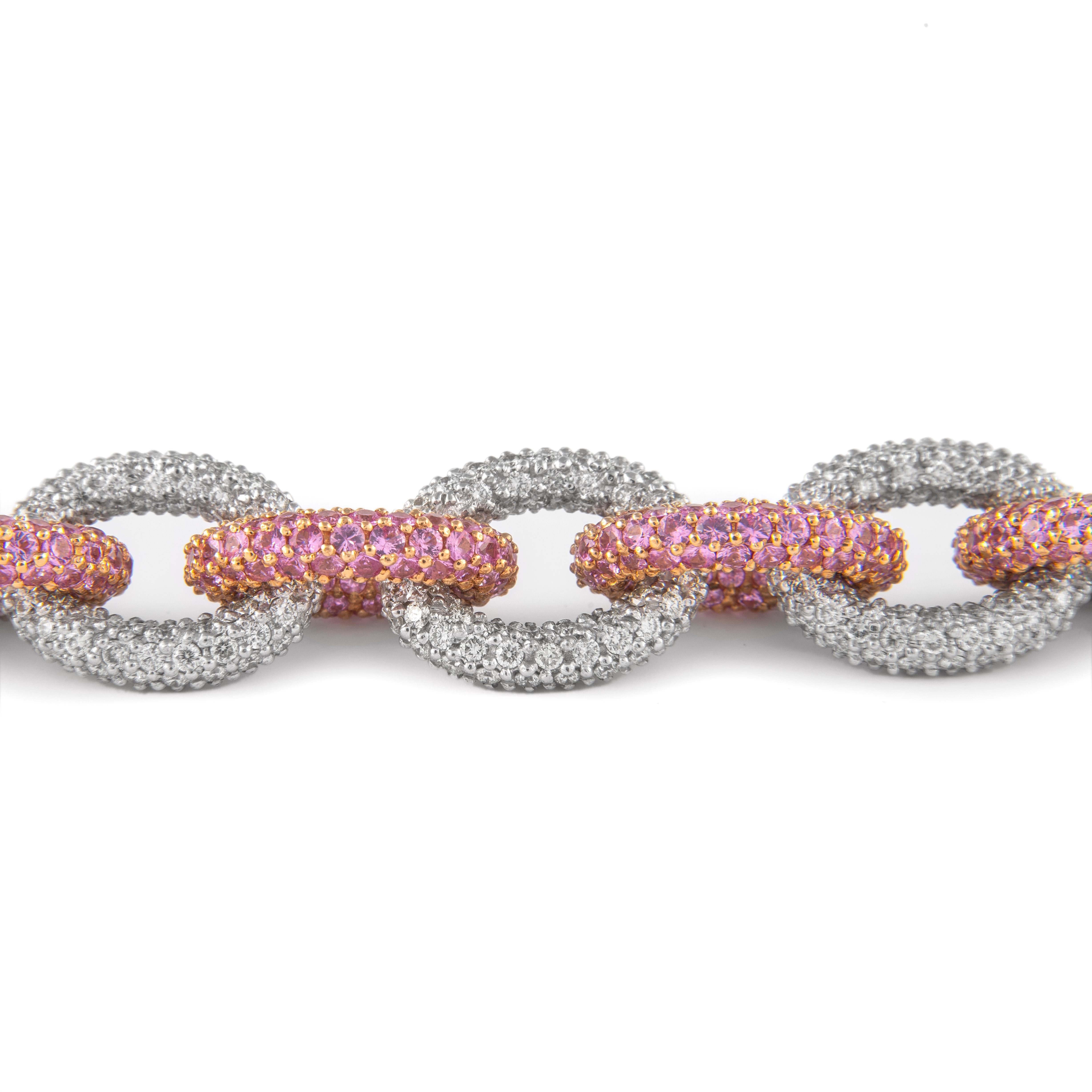 Contemporary 53.30 Diamond and Pink Sapphire Chain Pave Bracelet 18 Karat White & Rose Gold For Sale
