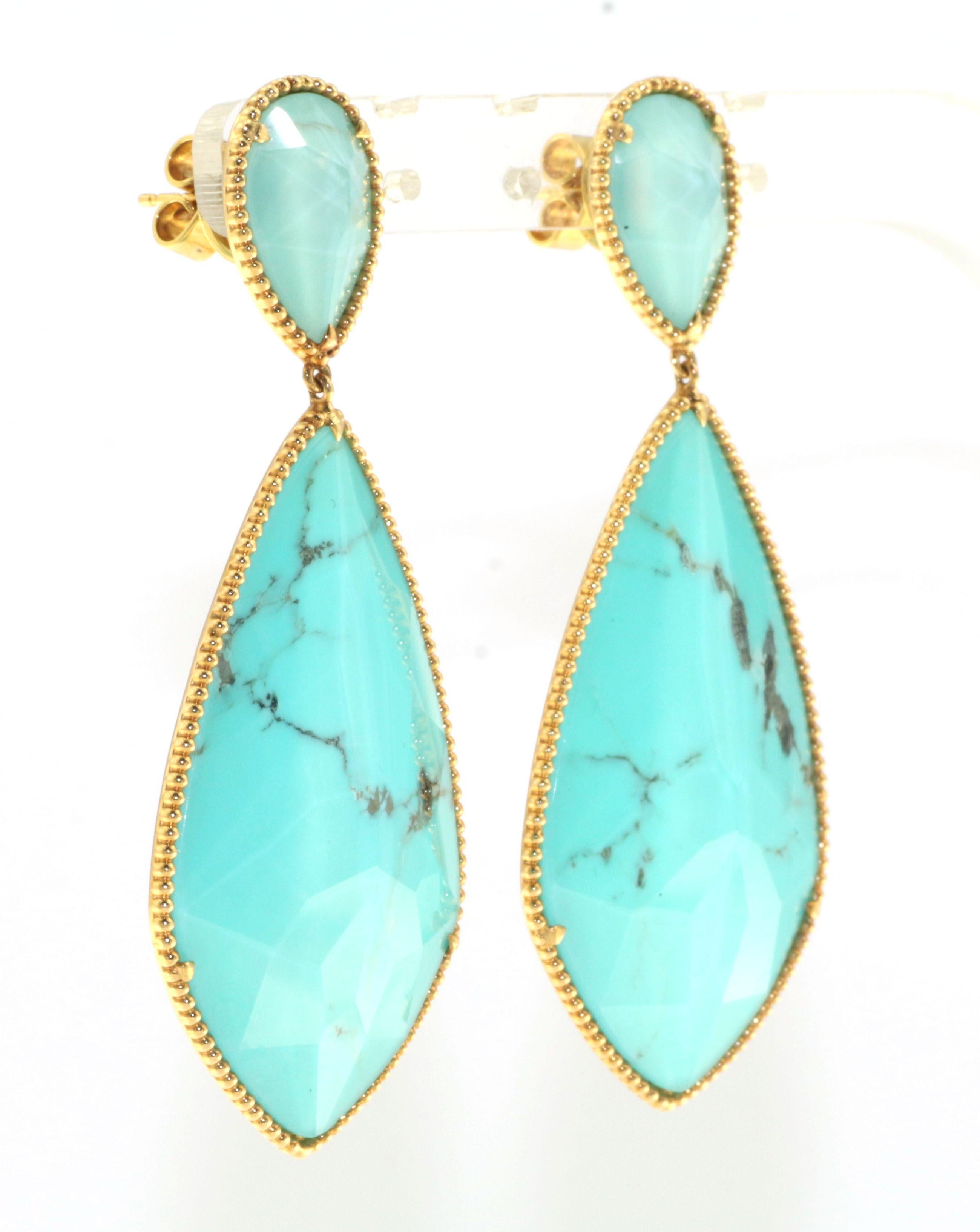 Discover the brilliance of these stunning dangle earrings that are sure to captivate. Exquisitely crafted in luminous 18 karat yellow gold, these earrings showcase mesmerizing turquoise quartz doublets weighing a remarkable 53.31 carats.

Each of