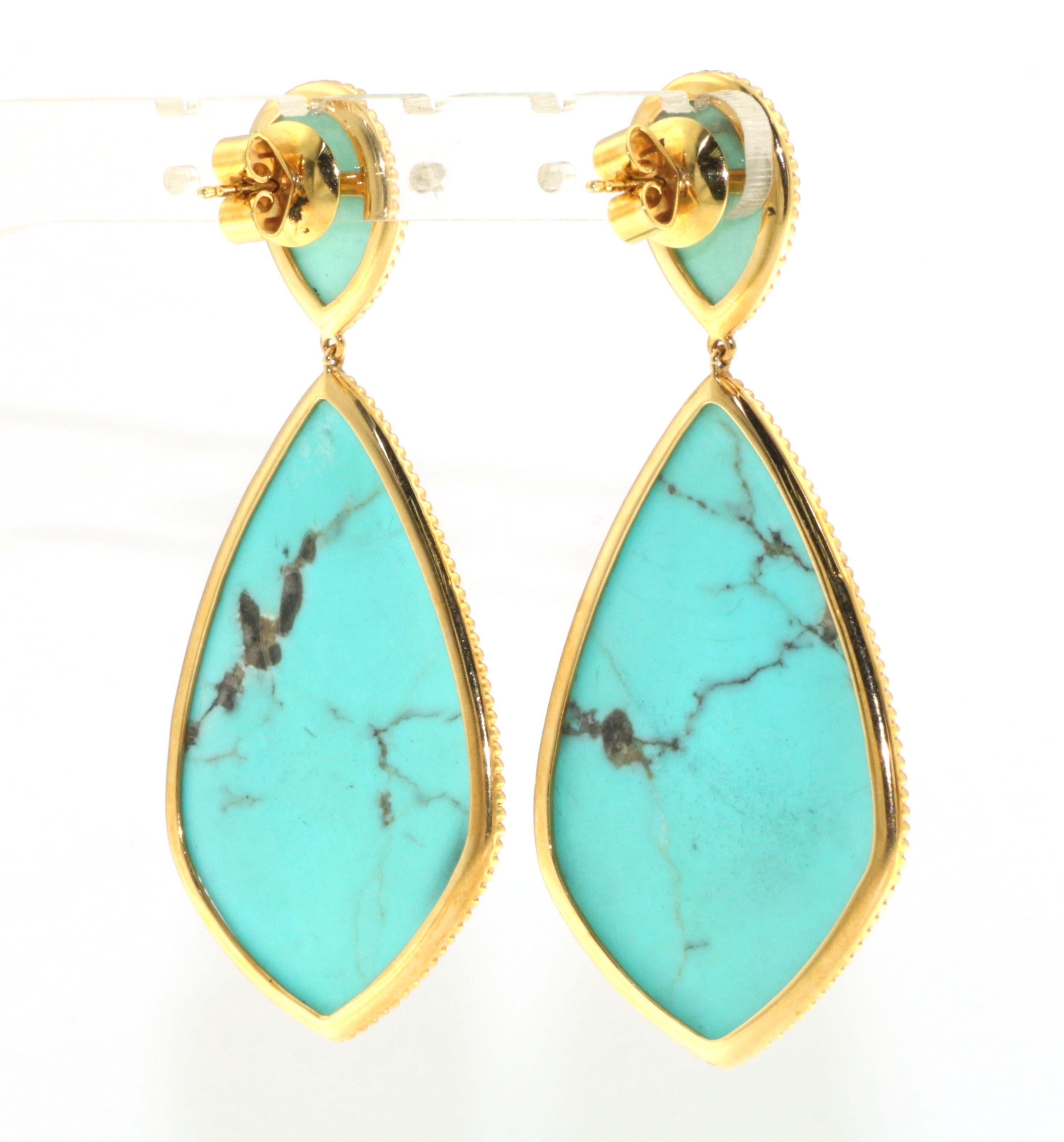 Uncut Vintage 53.31 Carat Turquoise Quartz Doublet Dangle Earrings in 18K Yellow Gold For Sale