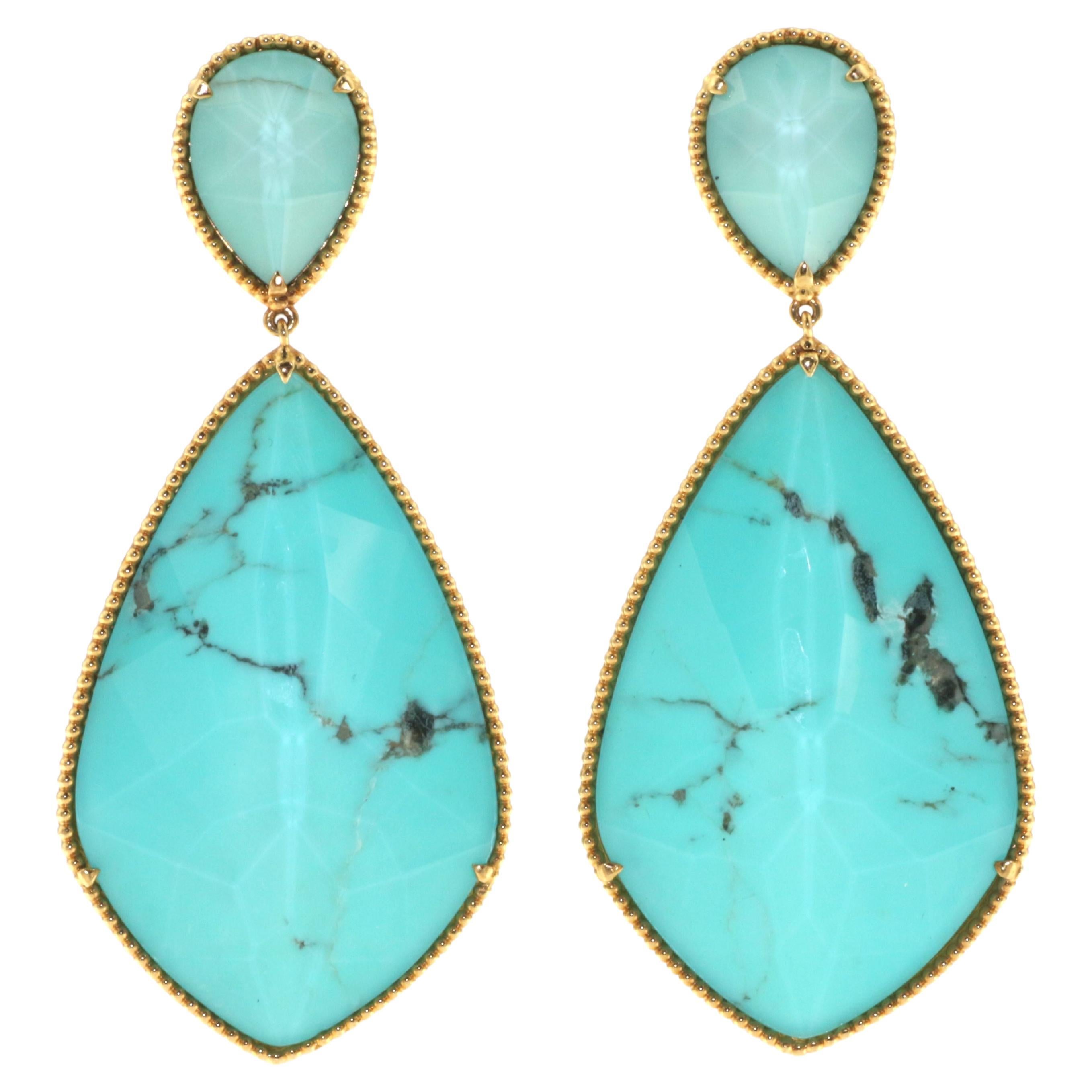 Vintage 53.31 Carat Turquoise Quartz Doublet Dangle Earrings in 18K Yellow Gold For Sale