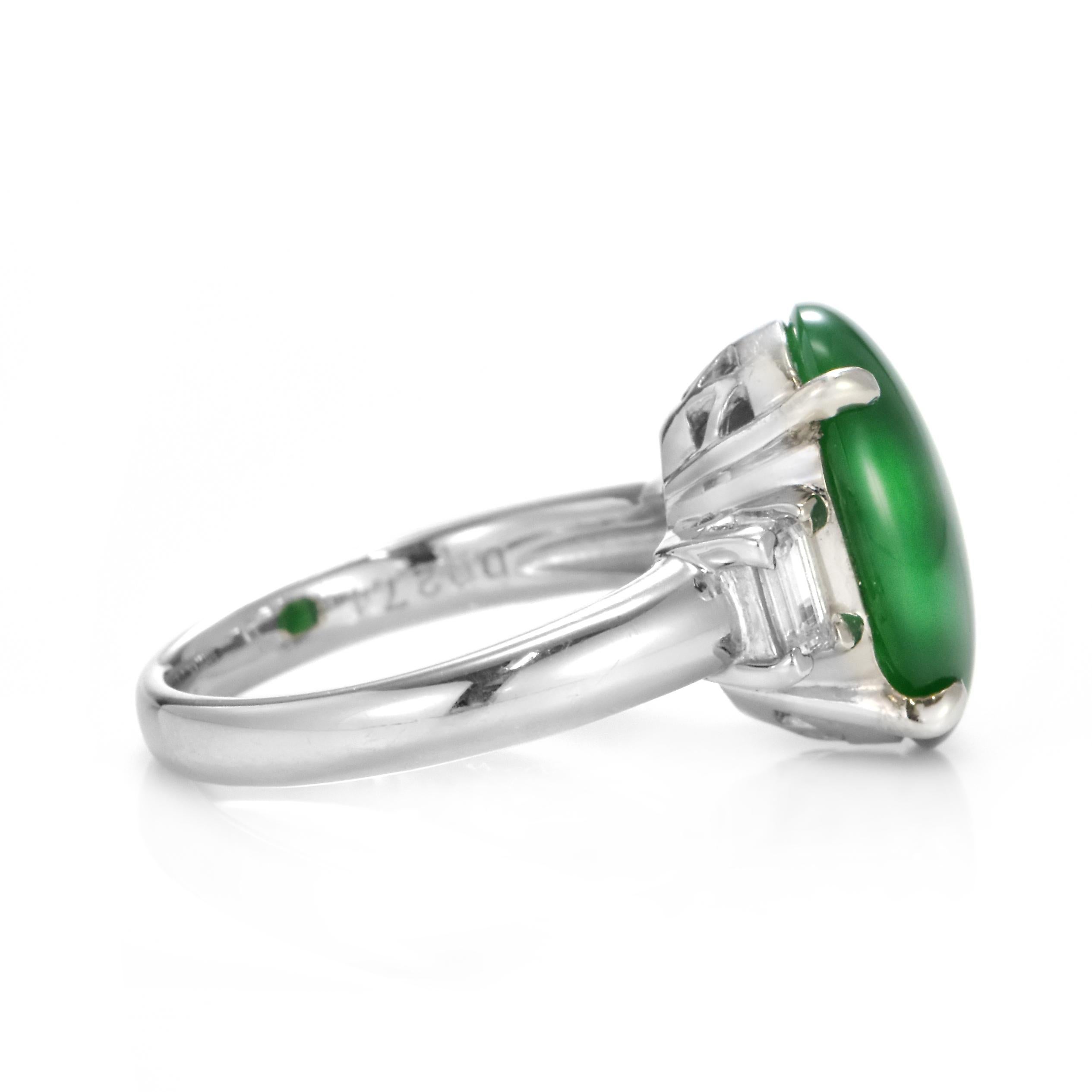 5.336 Carat Natural Type A Jade and Diamond Three Stone Ring Made in Platinum For Sale 4
