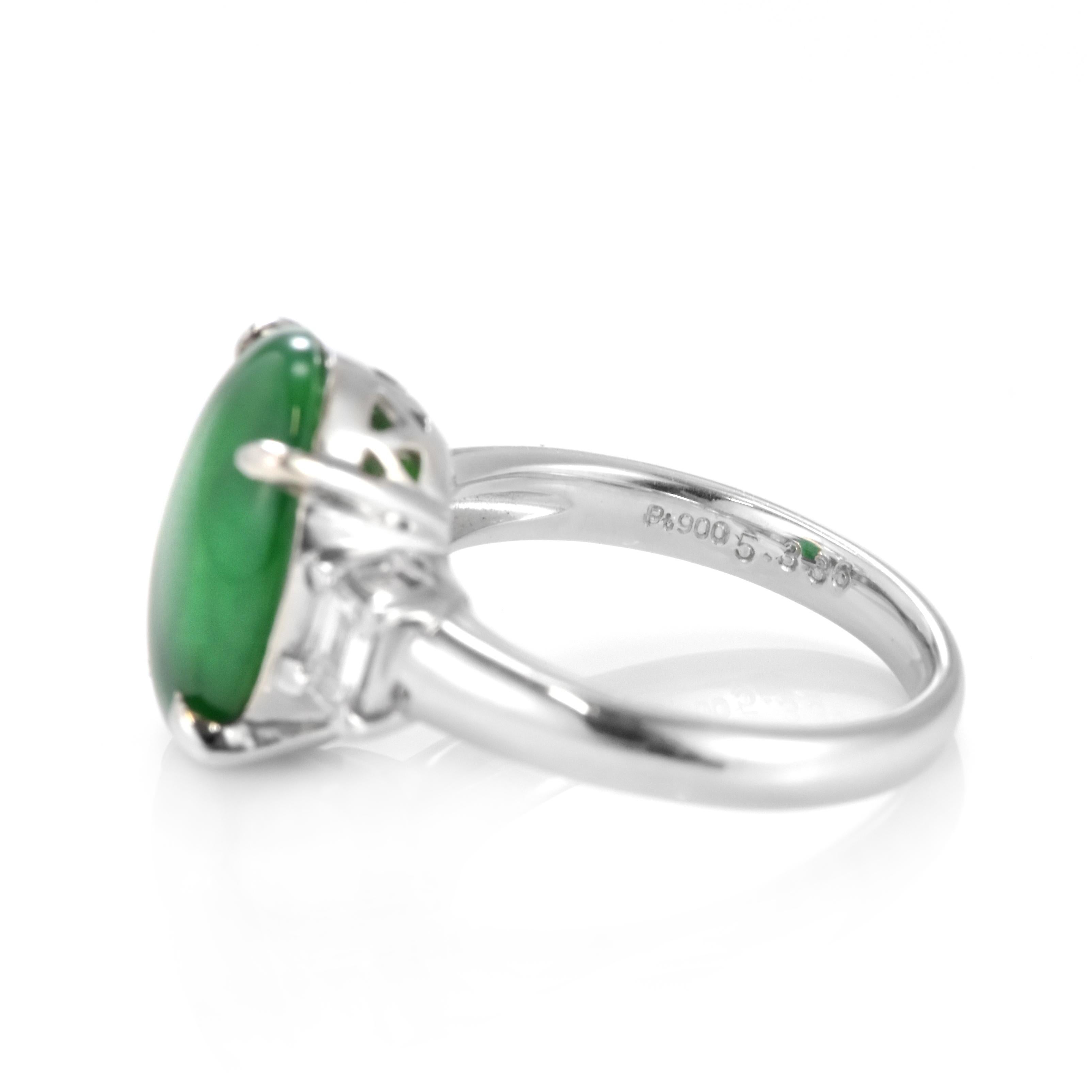 5.336 Carat Natural Type A Jade and Diamond Three Stone Ring Made in Platinum For Sale 5