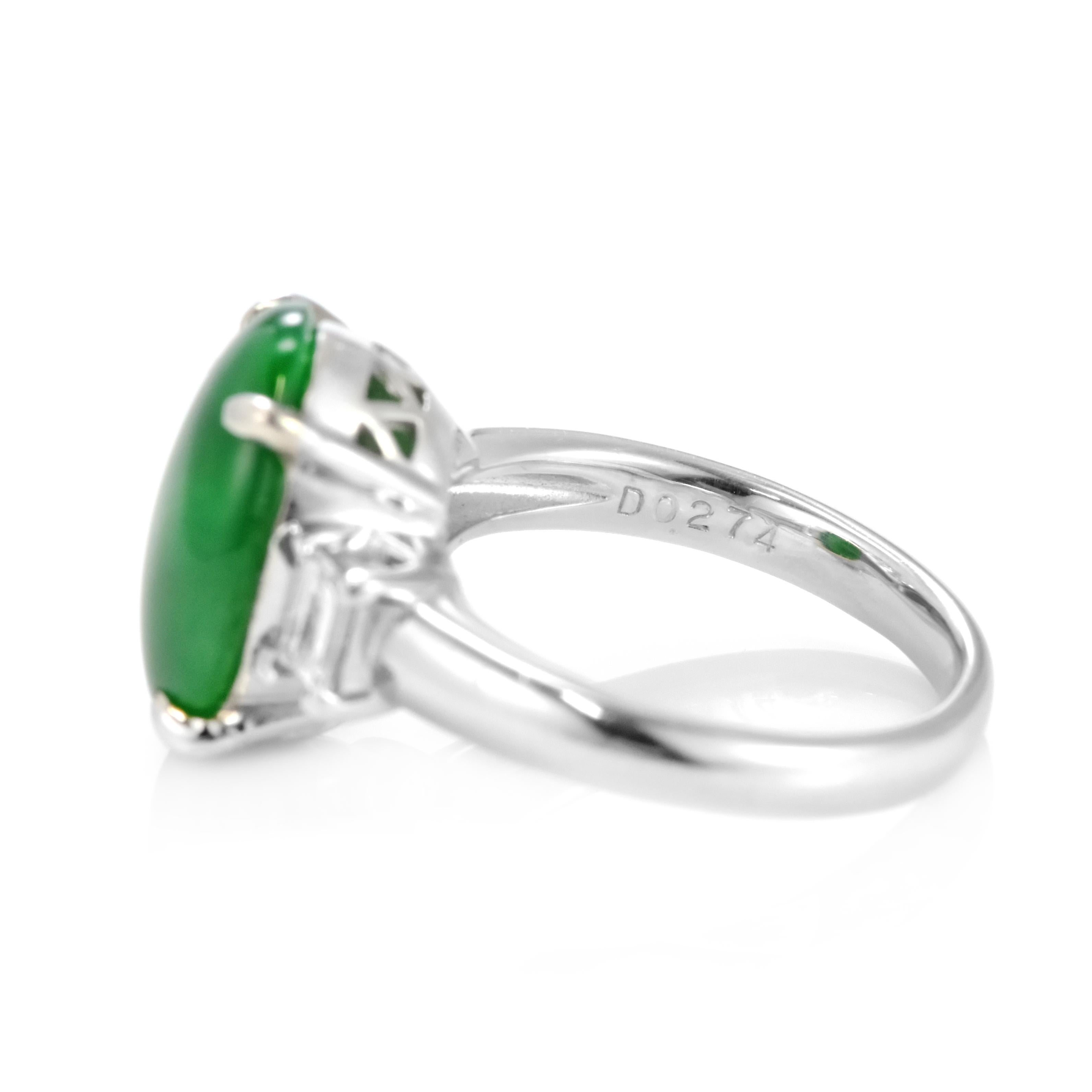 5.336 Carat Natural Type A Jade and Diamond Three Stone Ring Made in Platinum For Sale 6