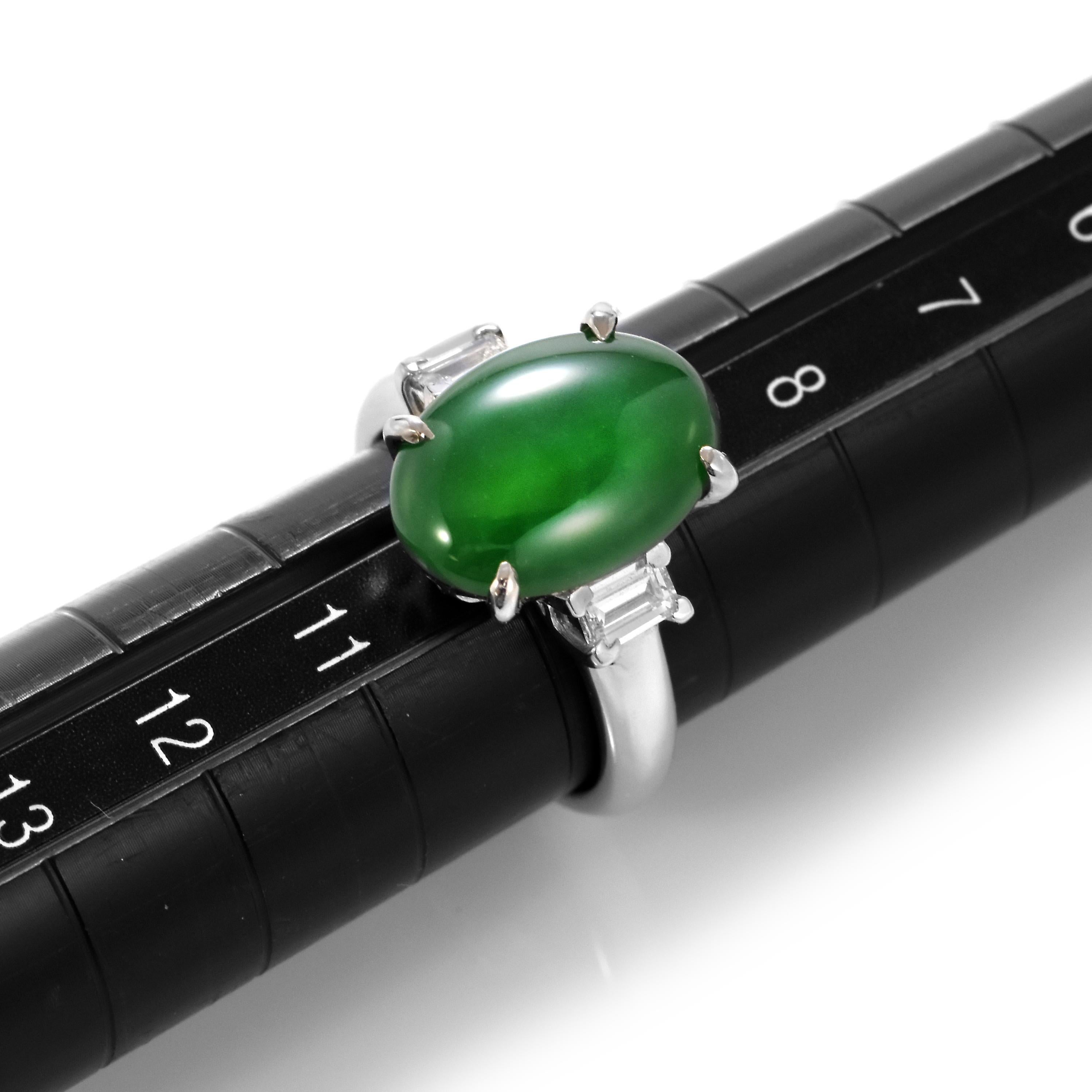 5.336 Carat Natural Type A Jade and Diamond Three Stone Ring Made in Platinum For Sale 7