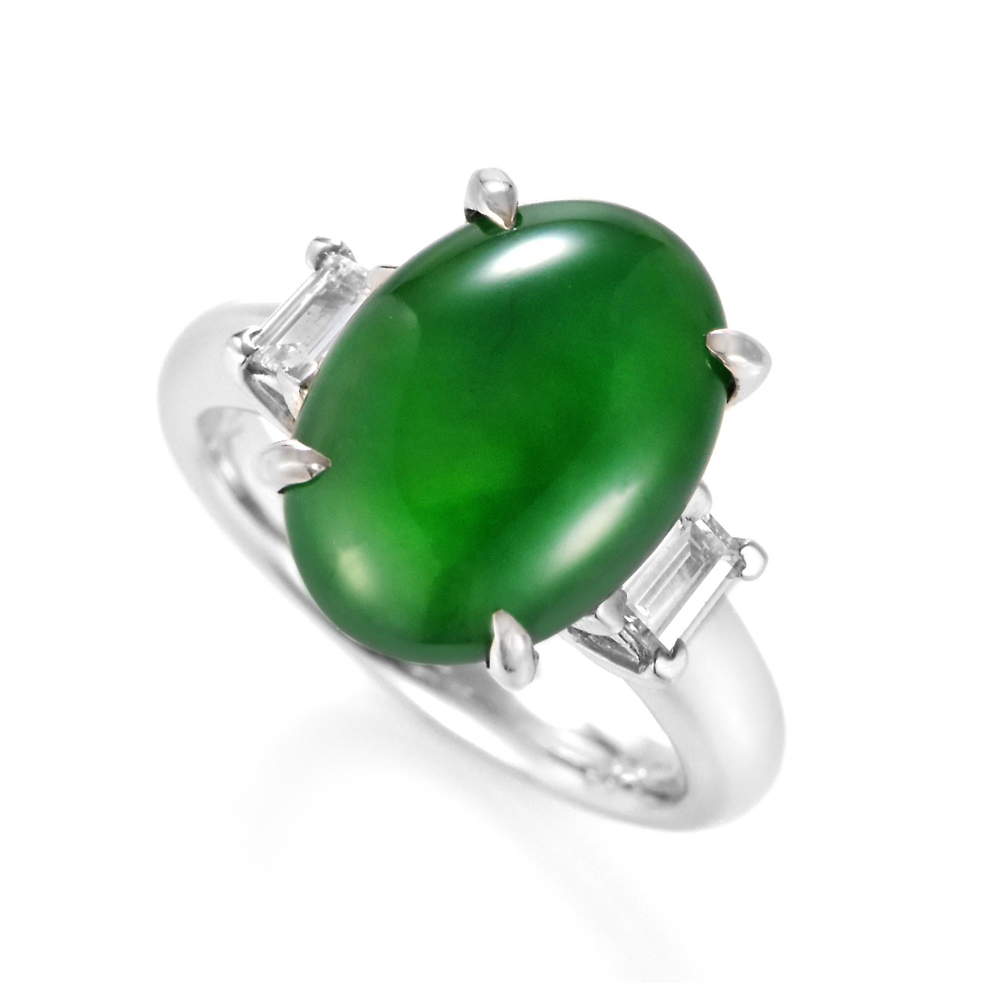 A beautiful Ring featuring a 5.336 Carat, Natural, Non-dyed Jadeite and 0.274 Carats of Diamond Accents set in Platinum. Jadeite has been cherished for millennia. Its nature is pure and enduring, yet sensuous and luxurious. Jadeite’s exceptional