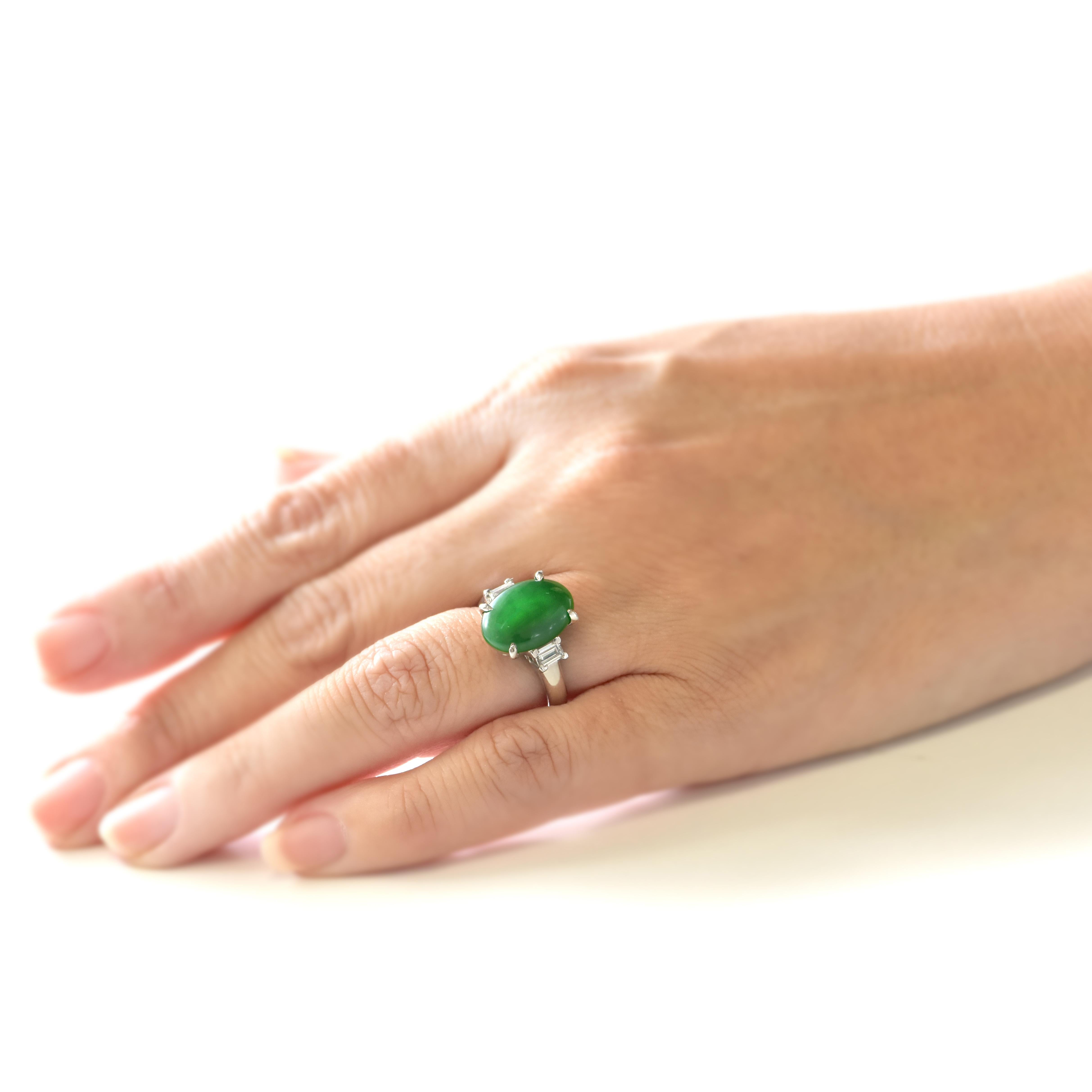 Modern 5.336 Carat Natural Type A Jade and Diamond Three Stone Ring Made in Platinum For Sale