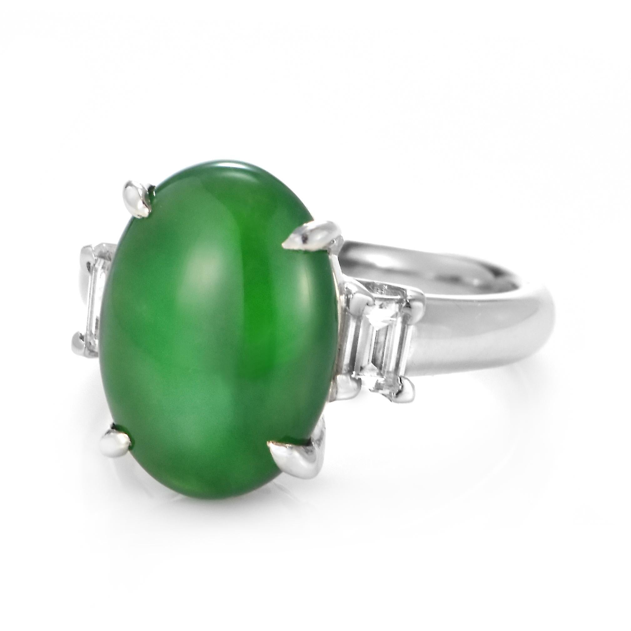 Cabochon 5.336 Carat Natural Type A Jade and Diamond Three Stone Ring Made in Platinum For Sale