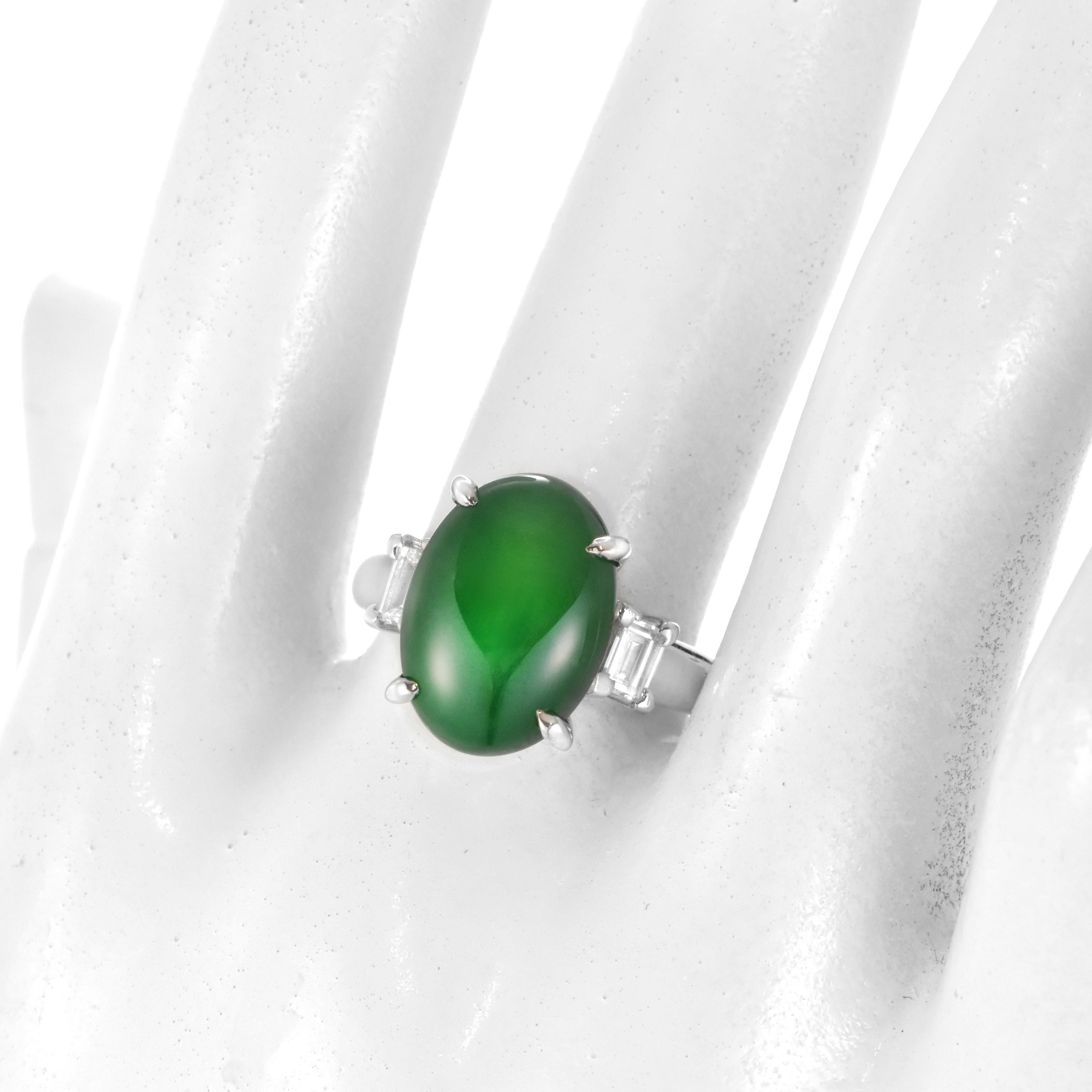 Women's 5.336 Carat Natural Type A Jade and Diamond Three Stone Ring Made in Platinum For Sale