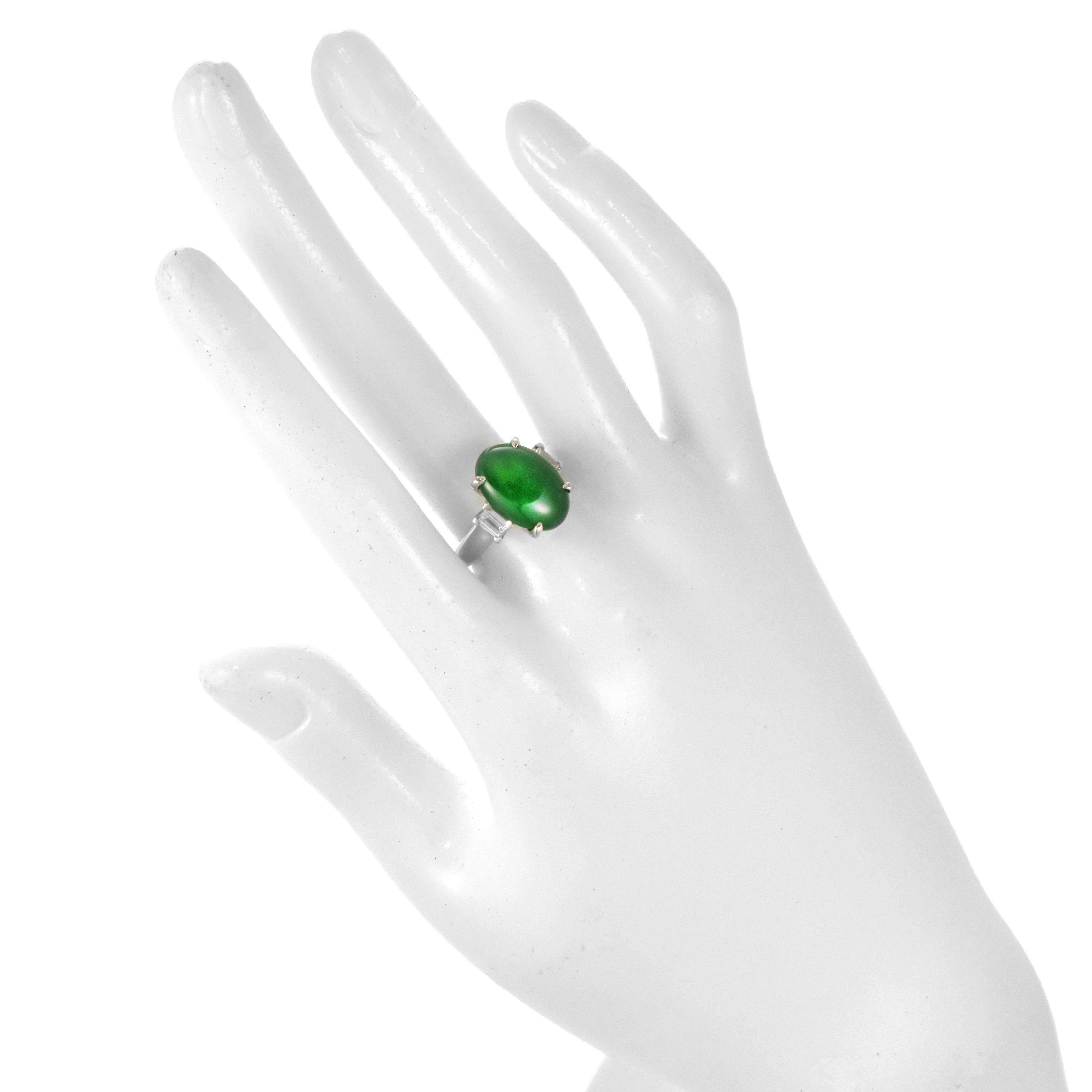 5.336 Carat Natural Type A Jade and Diamond Three Stone Ring Made in Platinum For Sale 1