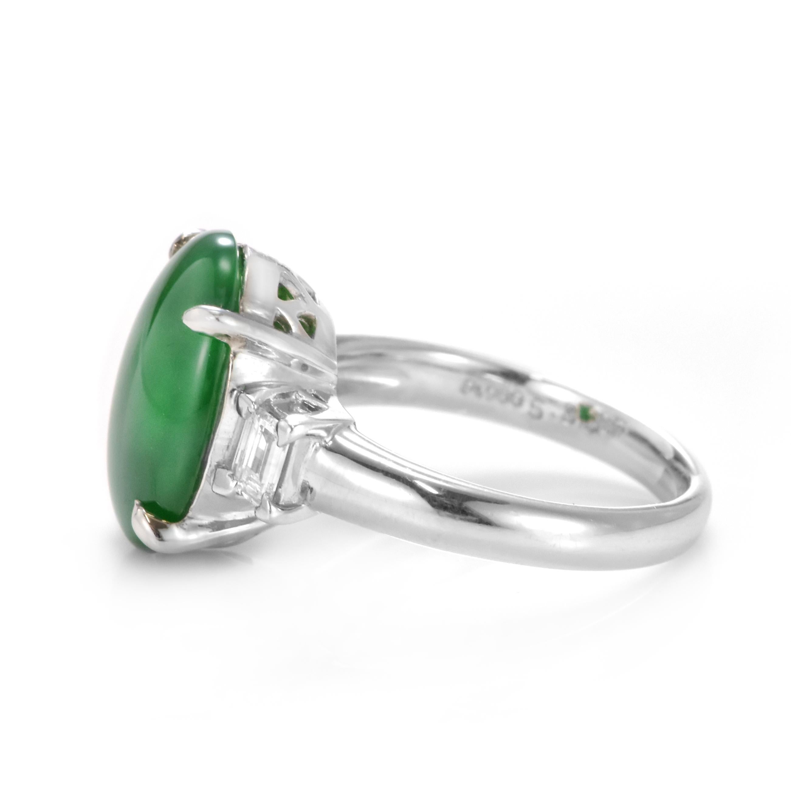 5.336 Carat Natural Type A Jade and Diamond Three Stone Ring Made in Platinum For Sale 2