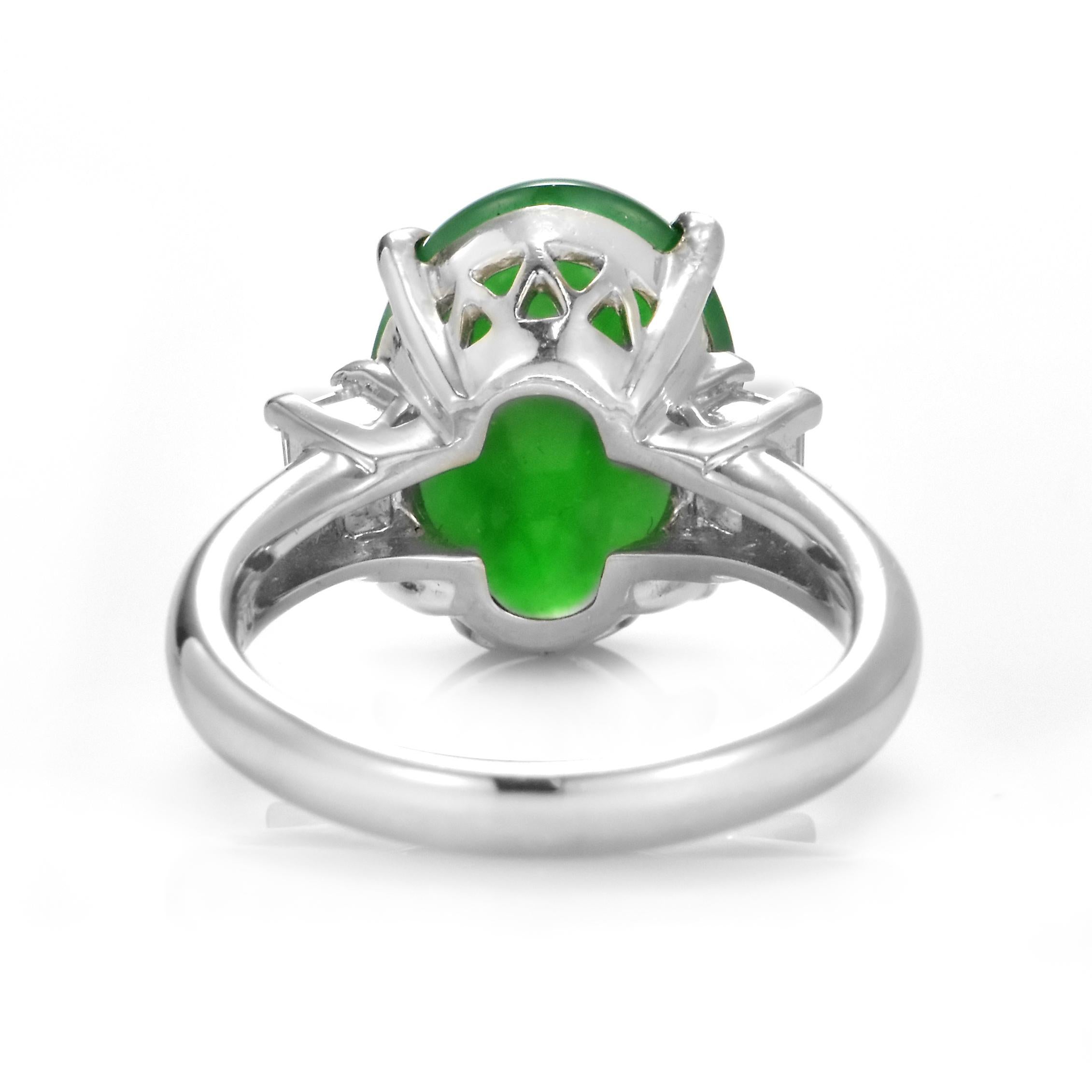 5.336 Carat Natural Type A Jade and Diamond Three Stone Ring Made in Platinum For Sale 3