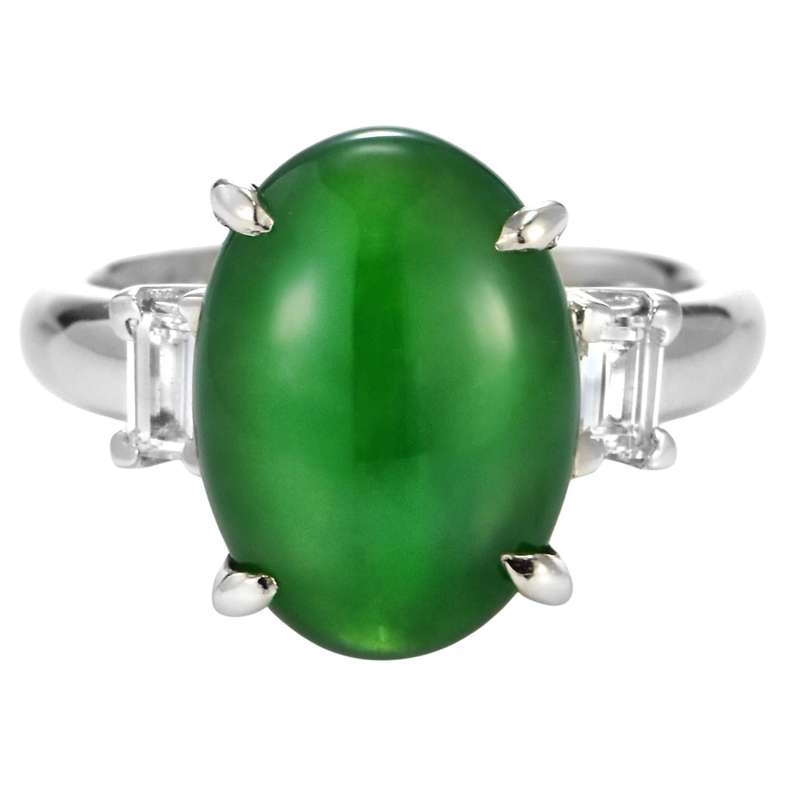 5.336 Carat Natural Type A Jade and Diamond Three Stone Ring Made in Platinum