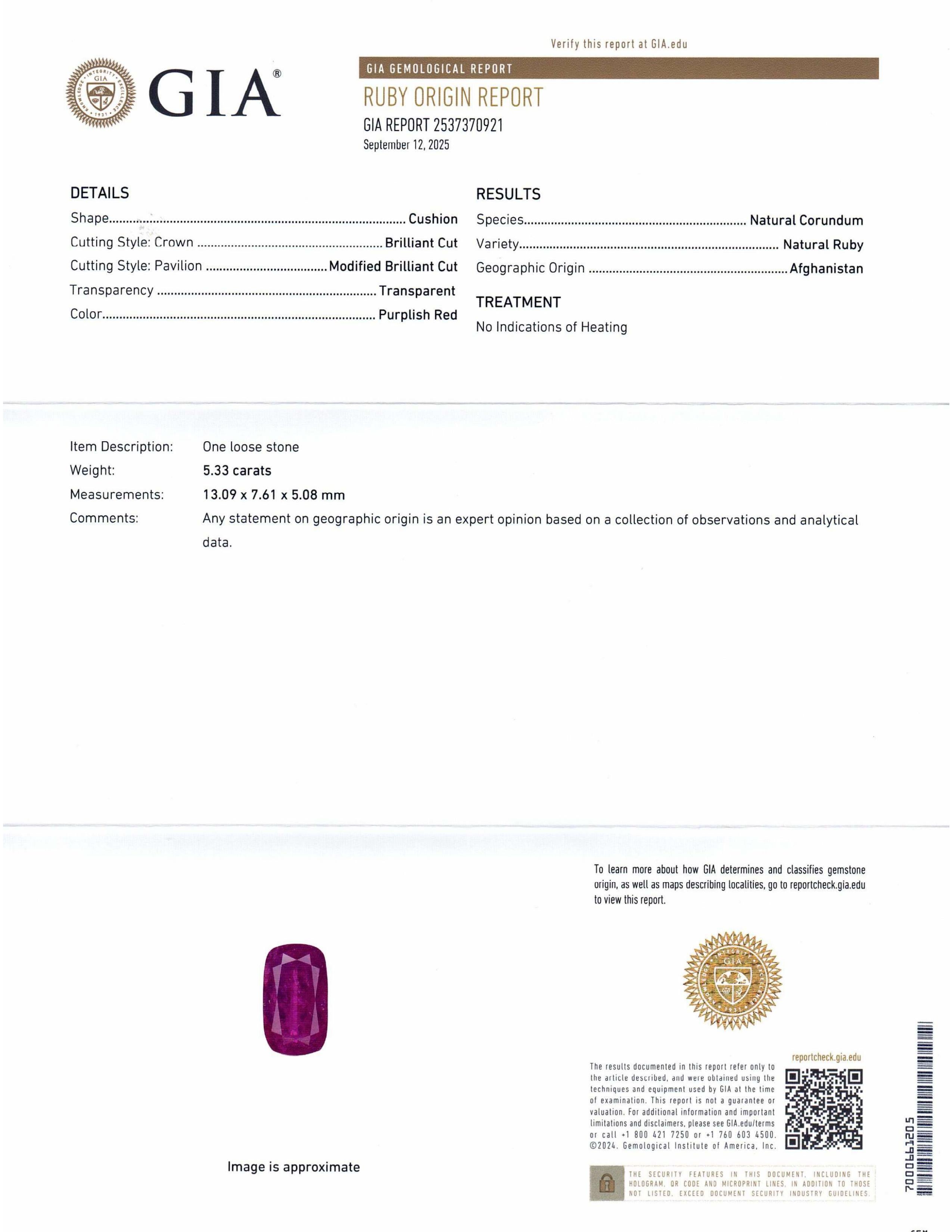 Si tratta di uno splendido rubino certificato GIA 


Il rapporto GIA recita come segue:

Numero del rapporto GIA: 2537370921
Forma: Cuscino
Stile di taglio: 
Stile di taglio: Corona: Taglio brillante
Stile di taglio: Padiglione: Taglio Brilliante