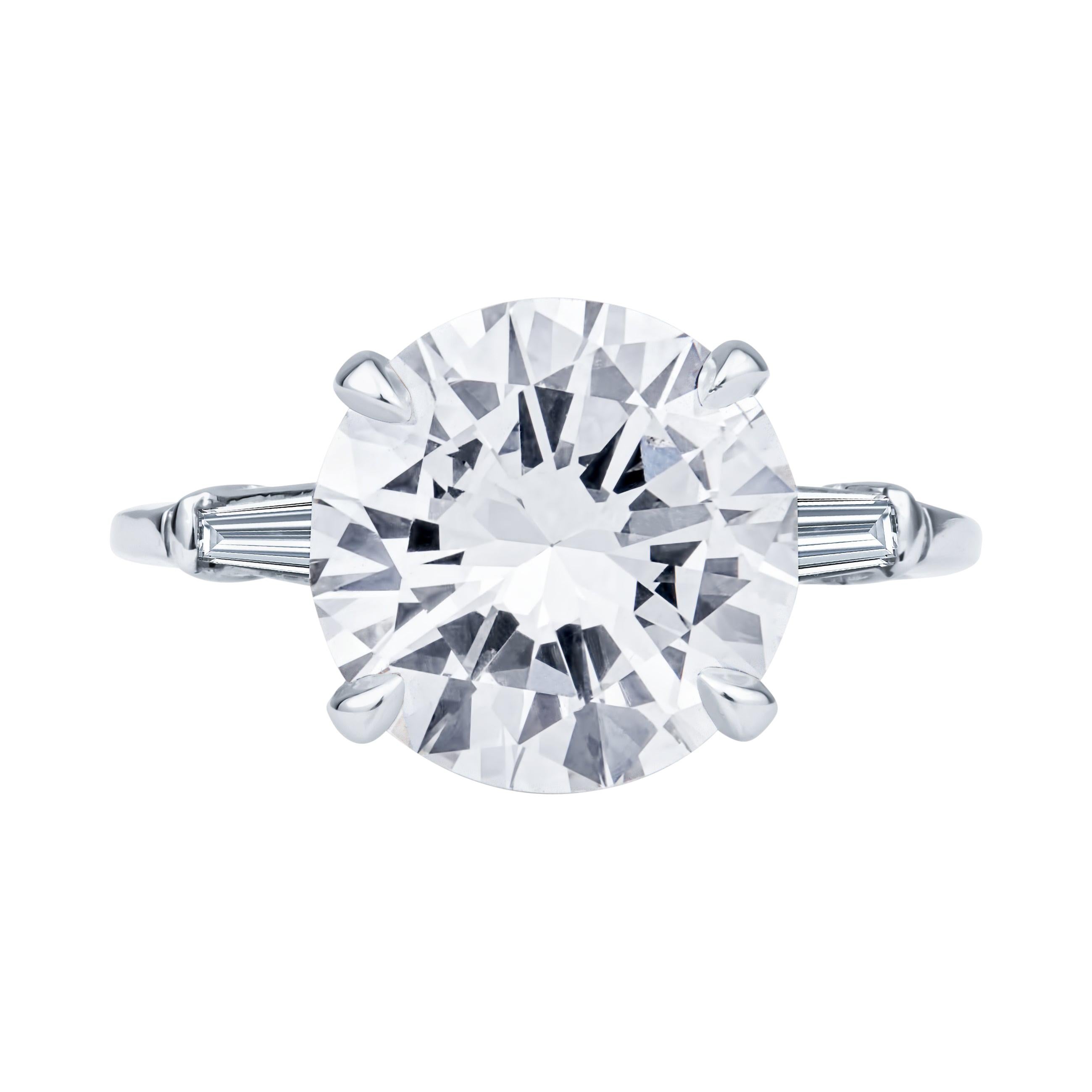 5.33ct Round J VVS2 Diamond Engagement Ring w Baguette Side Diamonds, GIA Cert