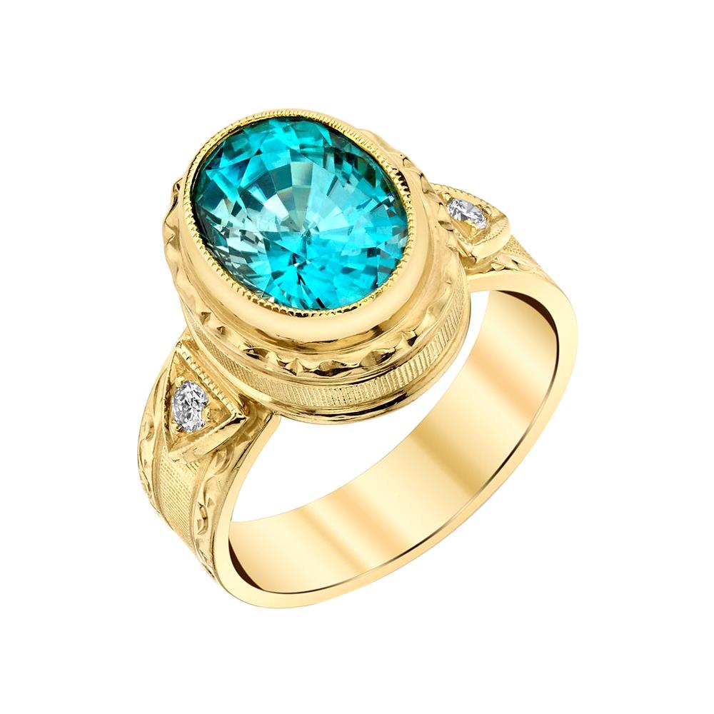 5.34 ct. Blue Zircon, Diamond Yellow Gold Bezel Hand Engraved Signet Band Ring For Sale