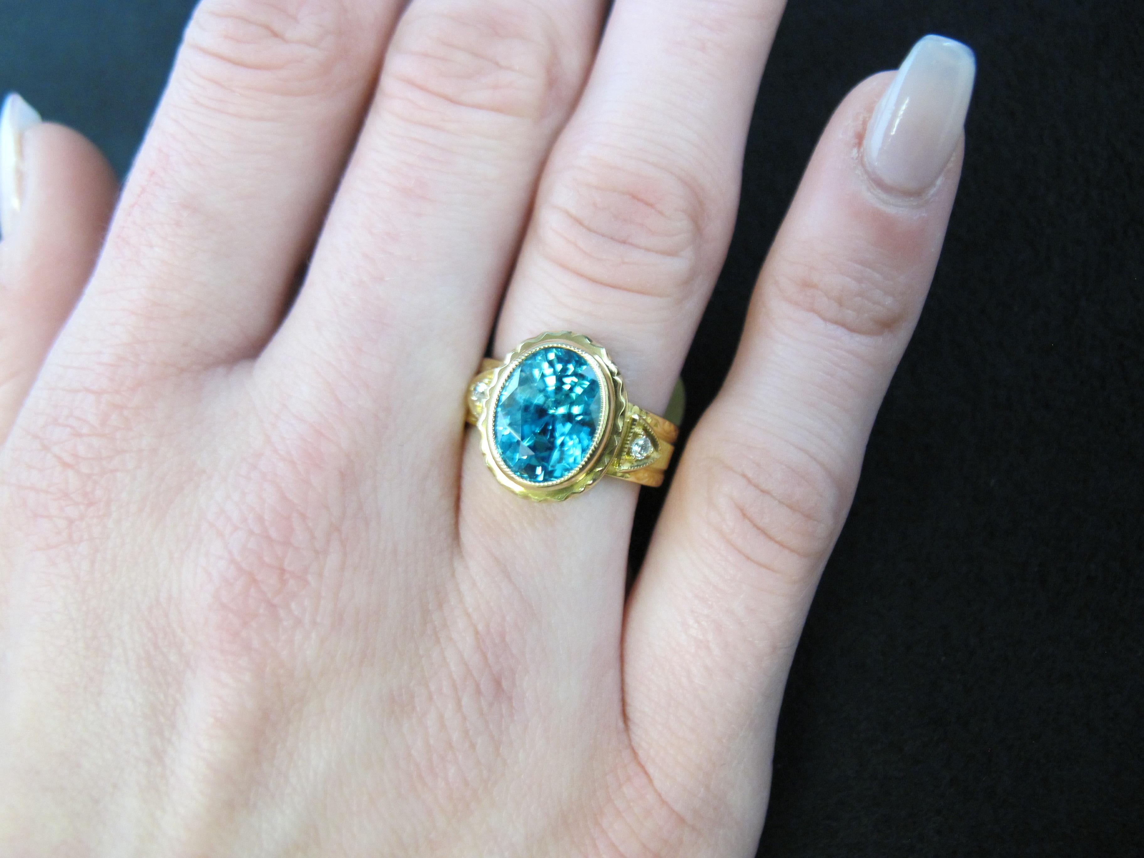 5.34 ct. Blue Zircon, Diamond Yellow Gold Bezel Hand Engraved Signet Band Ring For Sale 1