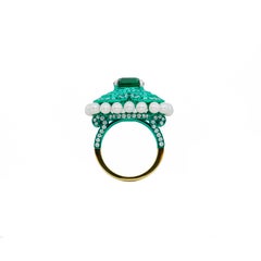 5.34 Carat Emerald & White Pearl & Diamond Ring, 18K Gold, Austy Lee
