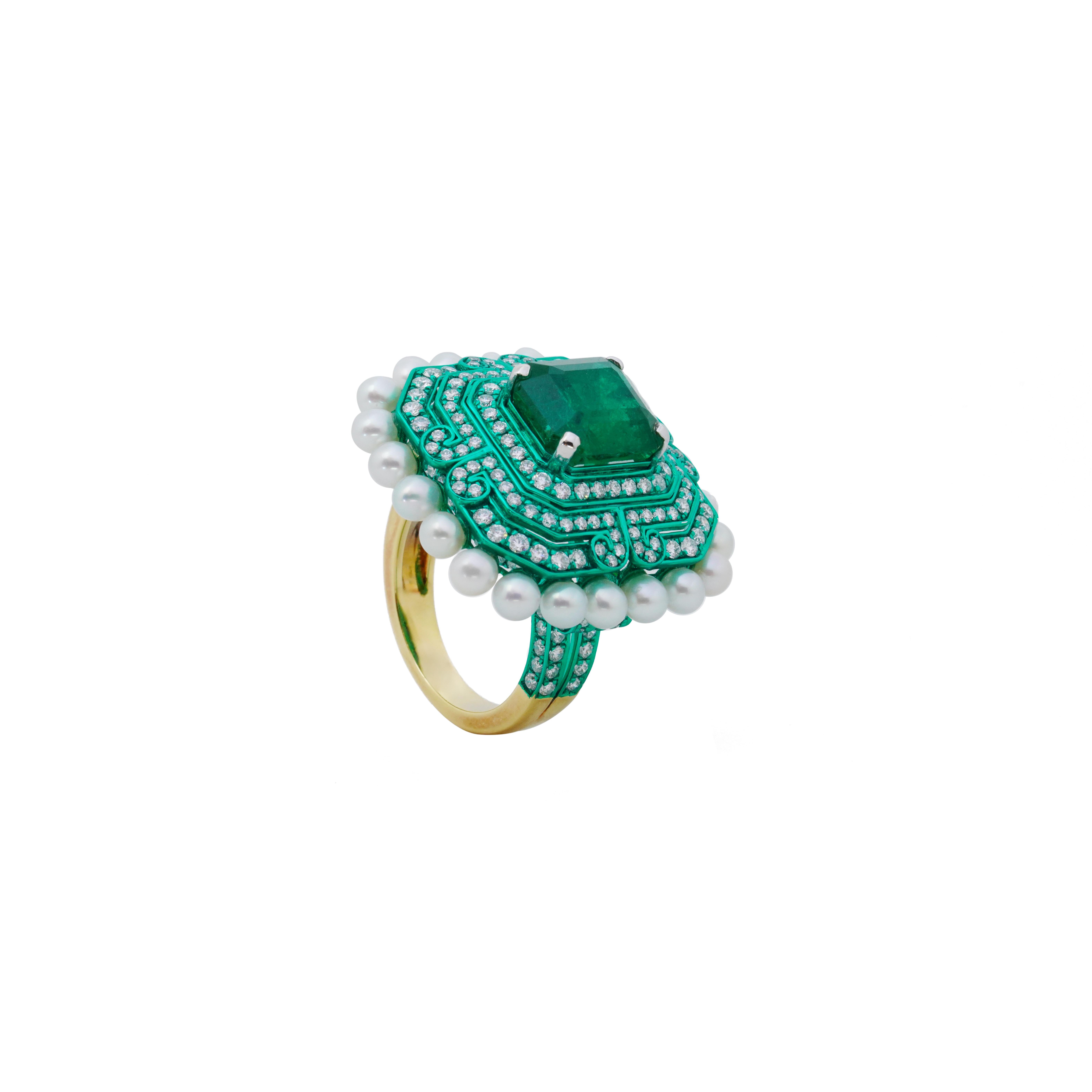 Mixed Cut 5.34 Carat Emerald & White Pearl & Diamond Ring, 18K Gold, Austy Lee For Sale