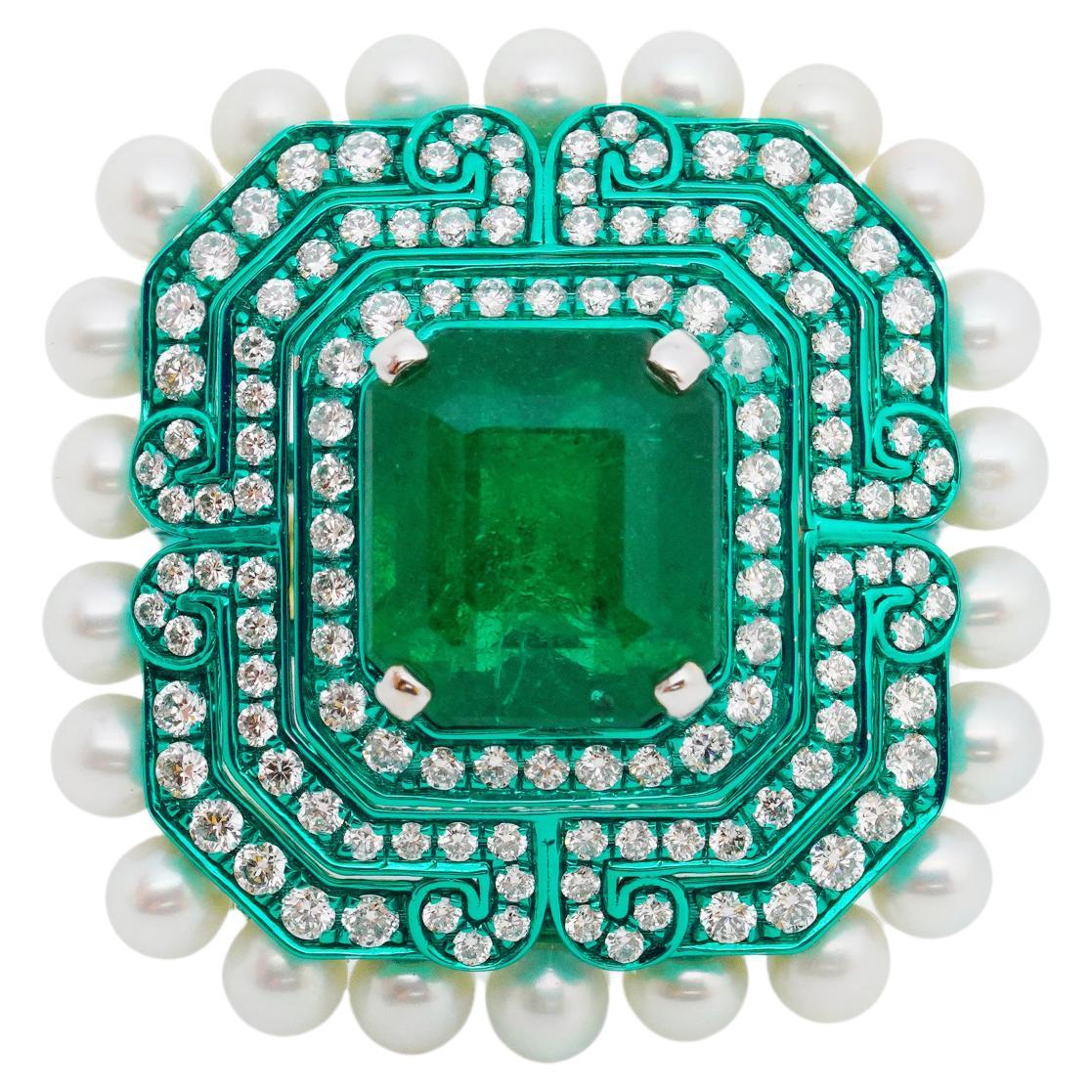 Anillo de esmeralda y perla blanca y diamantes de 5,34 quilates, oro de 18 quilates, Austy Lee