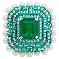Anillo de esmeralda y perla blanca y diamantes de 5,34 quilates, oro de 18 quilates, Austy Lee